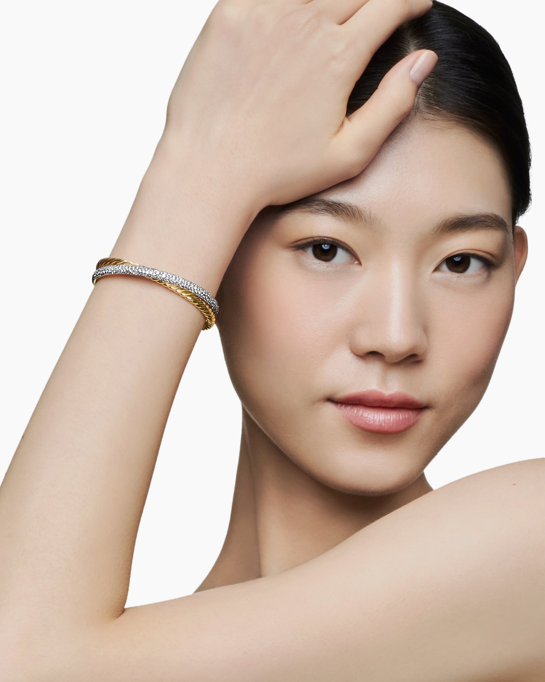 Alternative view of Pavé Crossover Two Row Cuff Bracelet in 18K Yellow Gold with Diamonds, 10.7mm