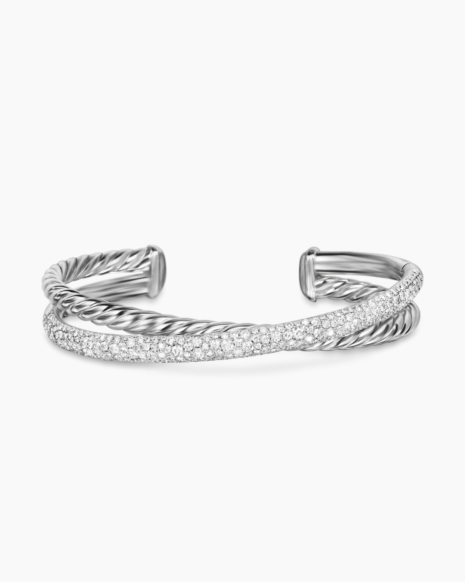 Pavé Crossover Two Row Cuff Bracelet in Sterling Silver with Diamonds, 10.7mm - Image 4