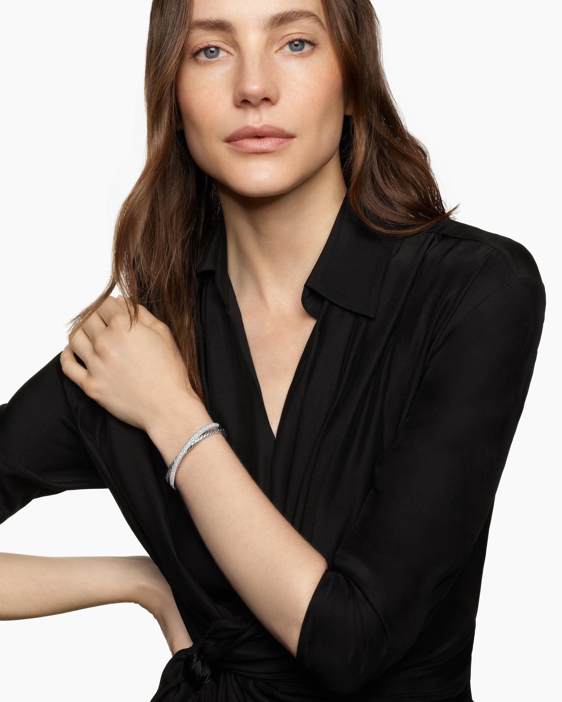 Alternative view of Pavé Crossover Two Row Cuff Bracelet in Sterling Silver with Diamonds, 10.7mm