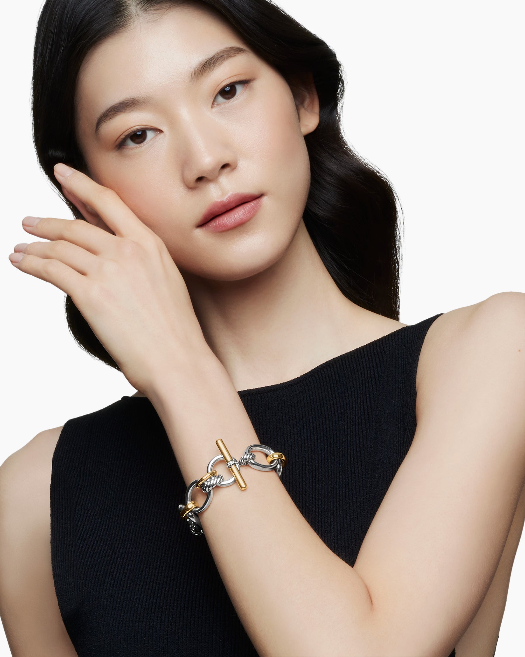Alternative view of DY Mercer Chain Bracelet in Sterling Silver with 18K Yellow Gold and Diamonds, 20mm