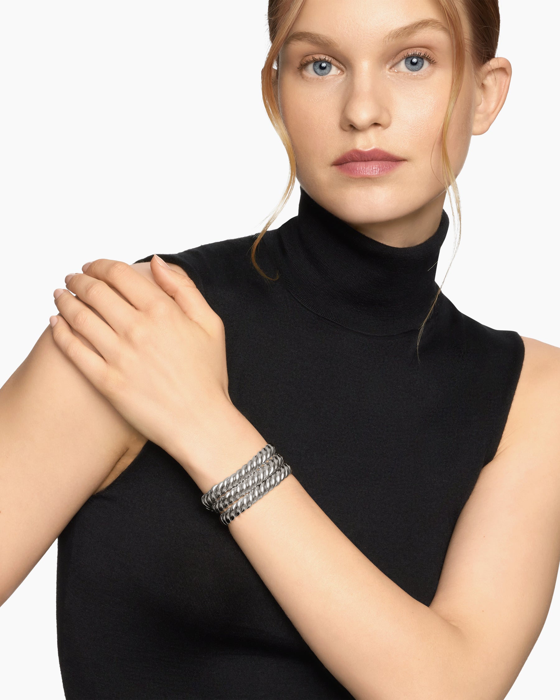Alternative view of Sculpted Cable Triple Wrap Bracelet in Sterling Silver, 8.5mm