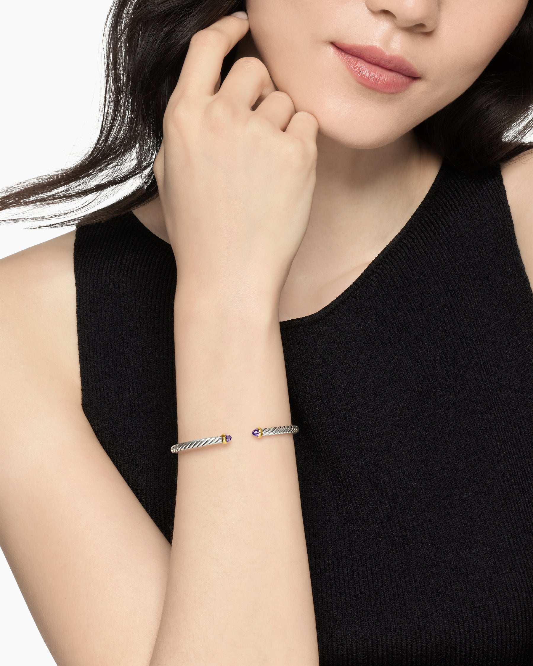 Alternative view of Cable Flex Bracelet in Sterling Silver with 14K Yellow Gold and Amethyst, 4mm