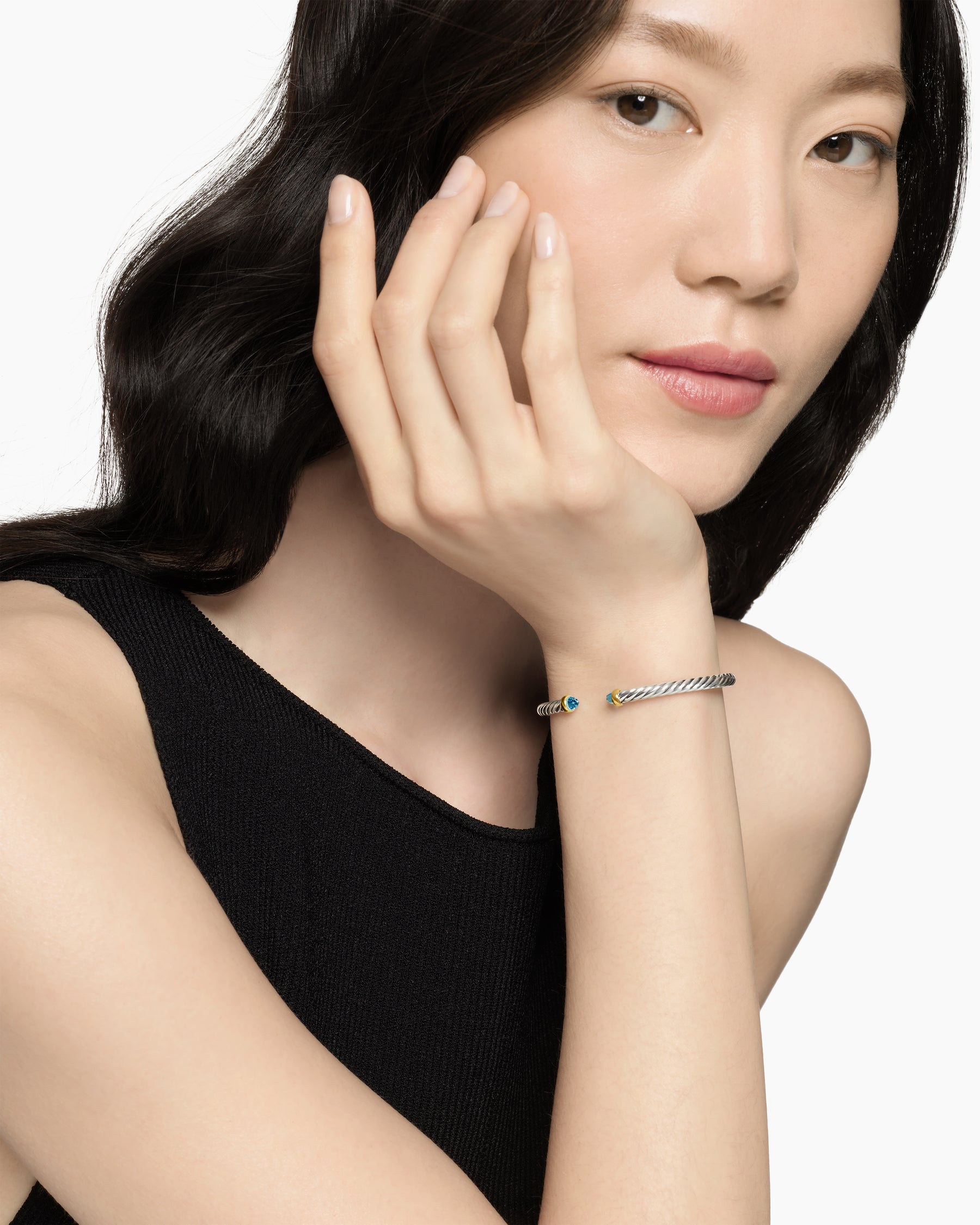 Alternative view of Cable Flex Bracelet in Sterling Silver with 14K Yellow Gold and Blue Topaz, 4mm