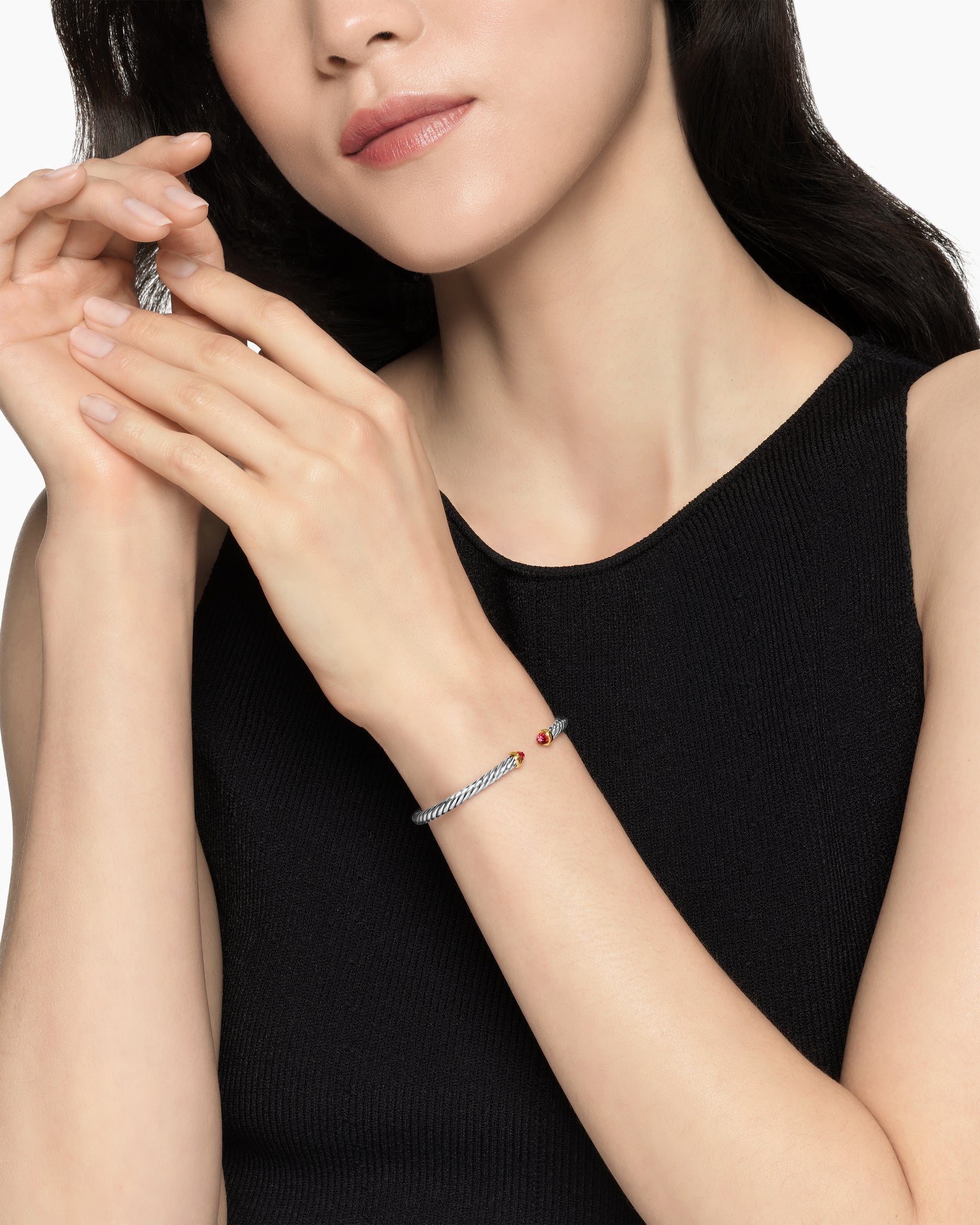 Alternative view of Cable Flex Bracelet in Sterling Silver with 14K Yellow Gold and Rhodolite Garnet, 4mm