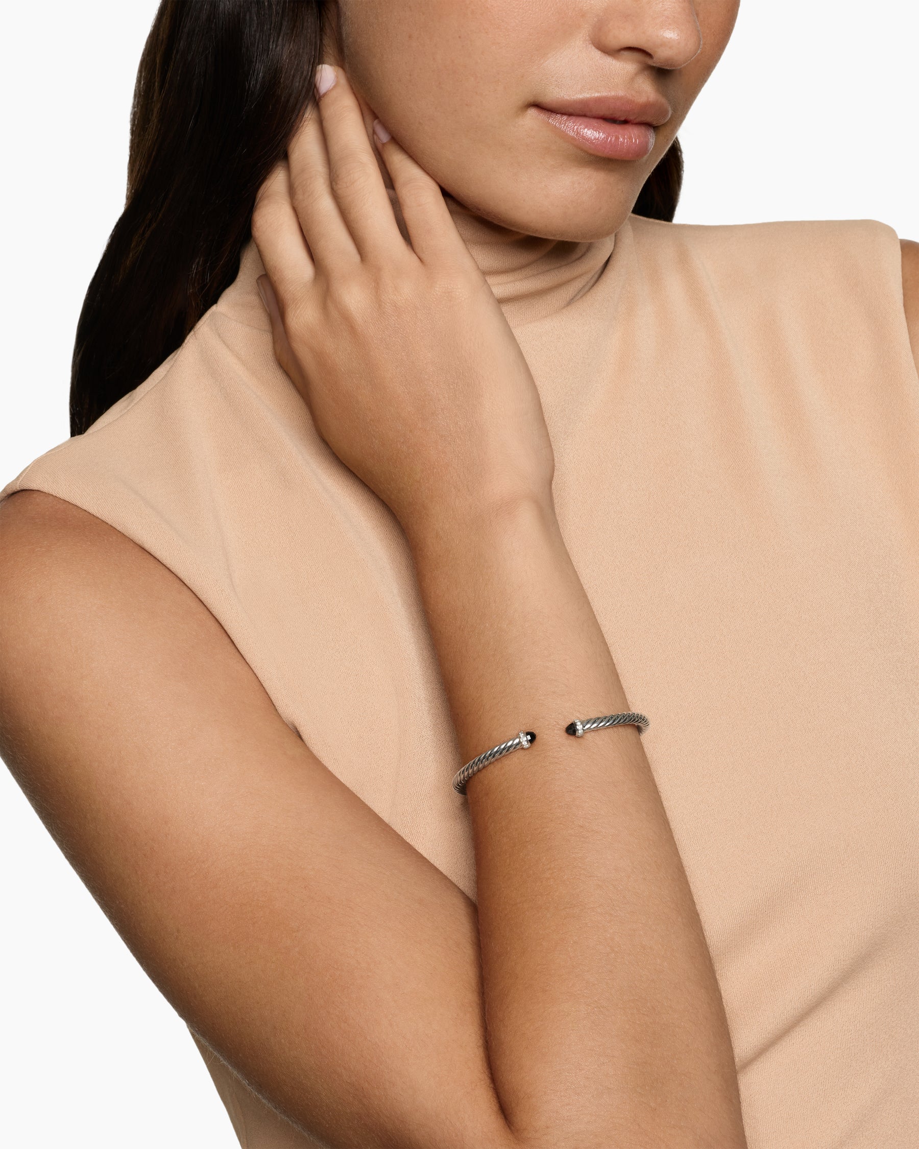 Alternative view of Cable Flex Bracelet in Sterling Silver with Black Onyx and Diamonds, 4mm