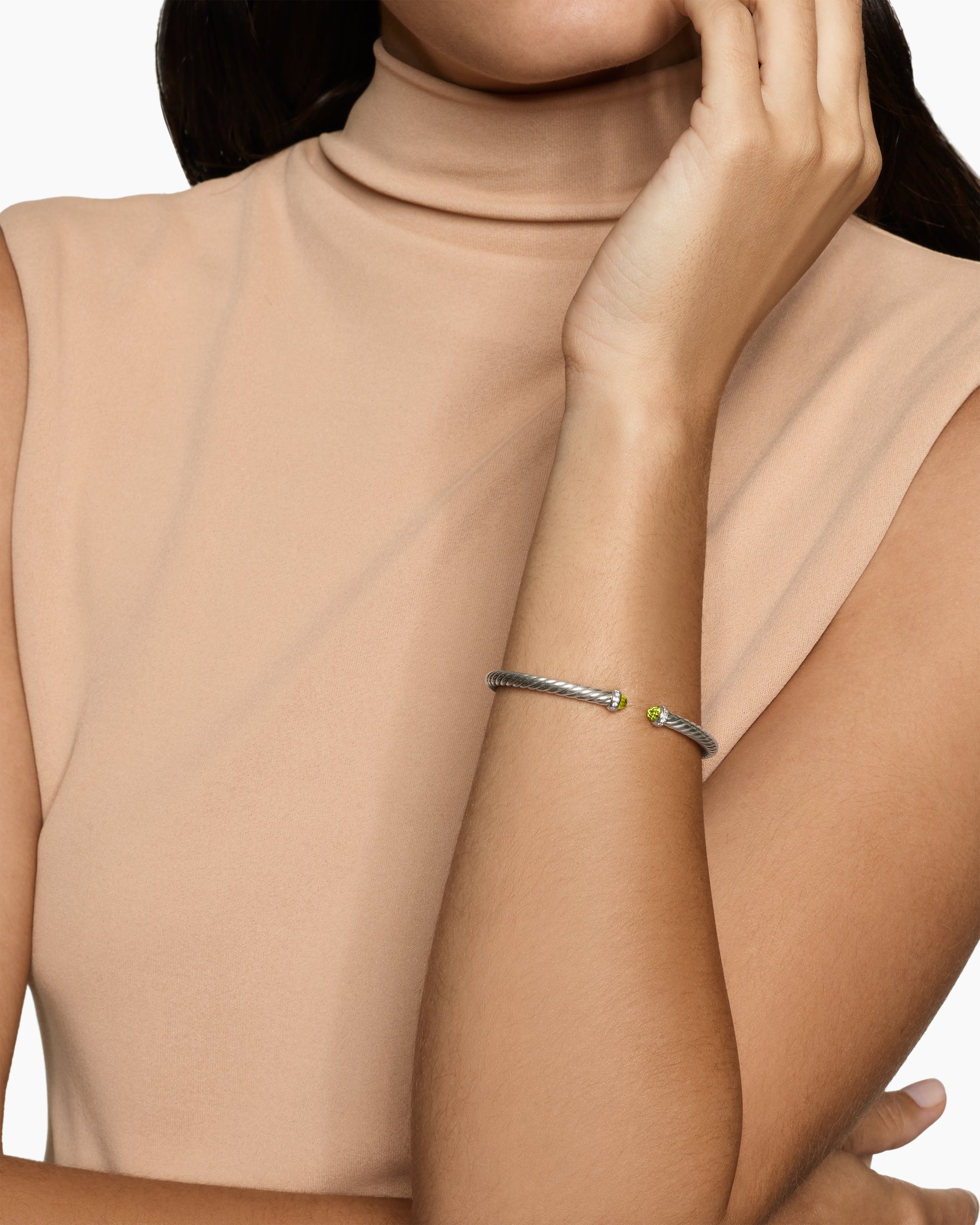 Alternative view of Cable Flex Bracelet in Sterling Silver with Peridot and Diamonds, 4mm