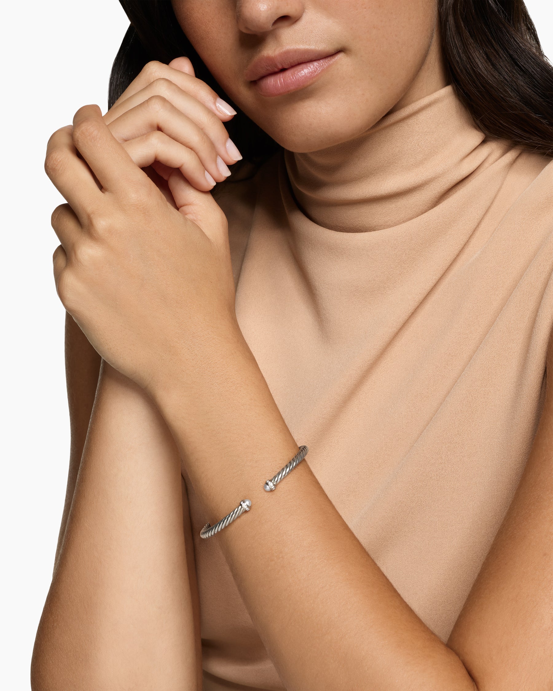 Alternative view of Cable Flex Bracelet in Sterling Silver with Pearls and Diamonds, 4mm