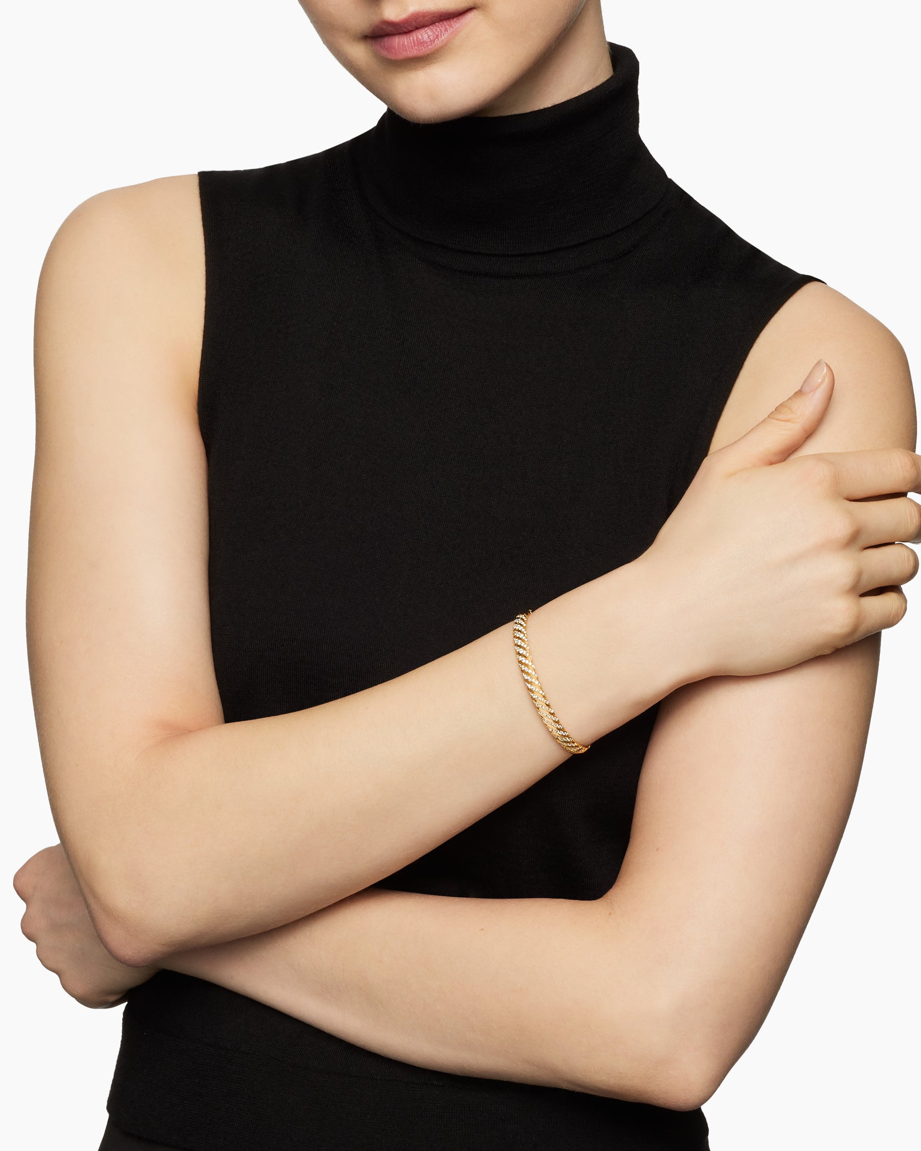 Alternative view of Sculpted Cable Bangle Bracelet in 18K Yellow Gold with Diamonds, 6.2mm