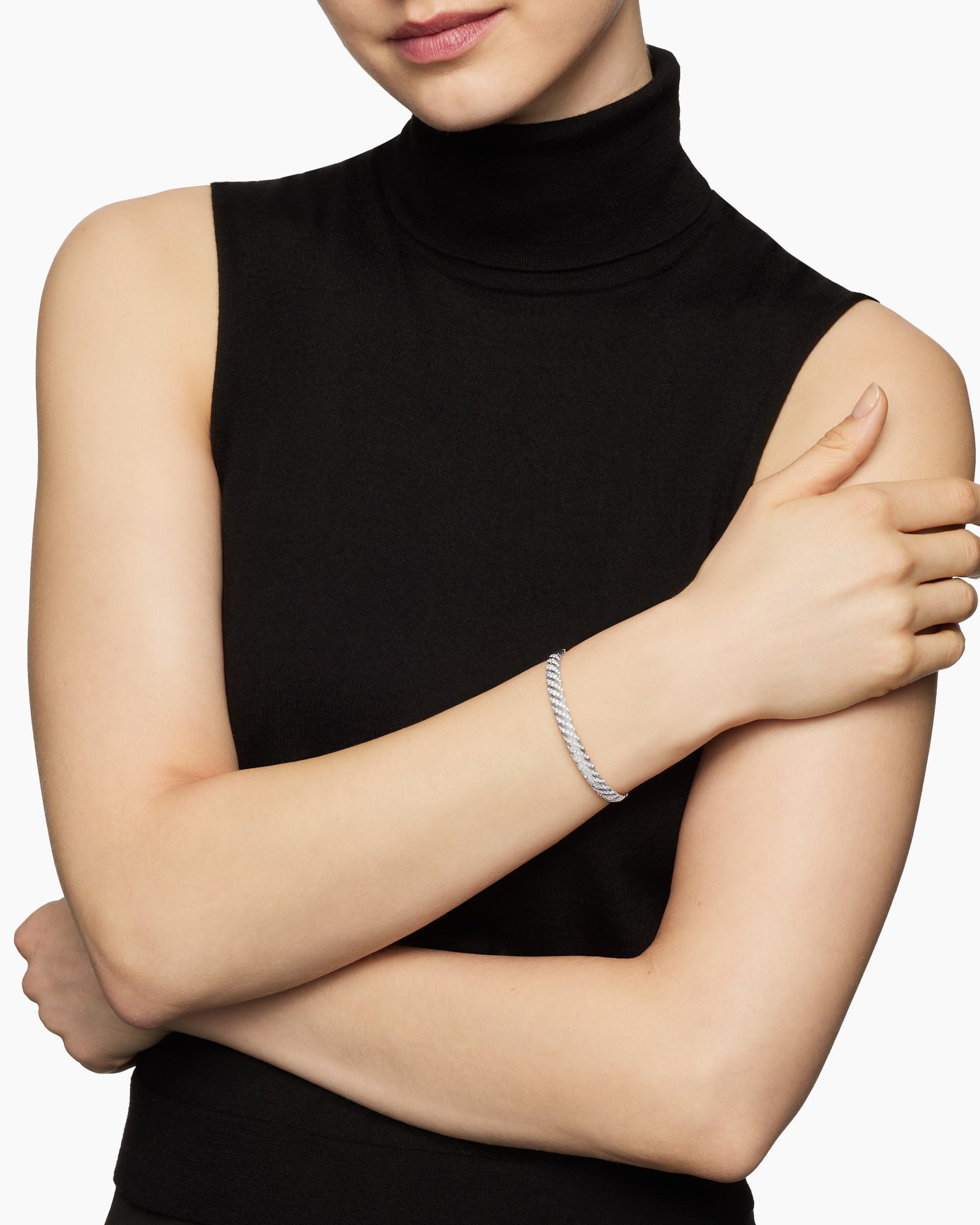 Alternative view of Sculpted Cable Bangle Bracelet in 18K White Gold with Diamonds, 6.2mm