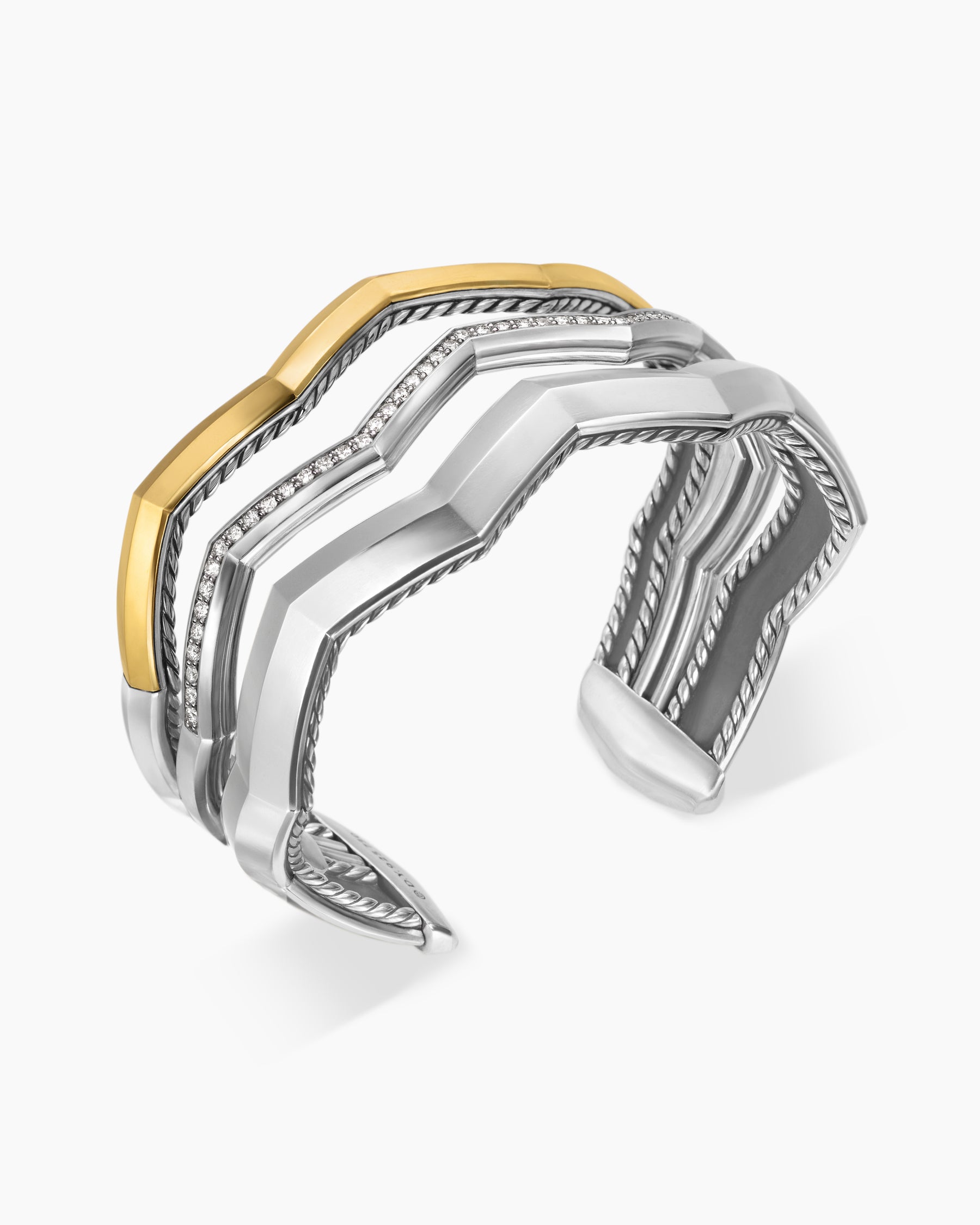Zig Zag Stax Three Row Cuff Bracelet in Sterling Silver with 18K Yellow Gold and Diamonds, 17.4mm - Image 3