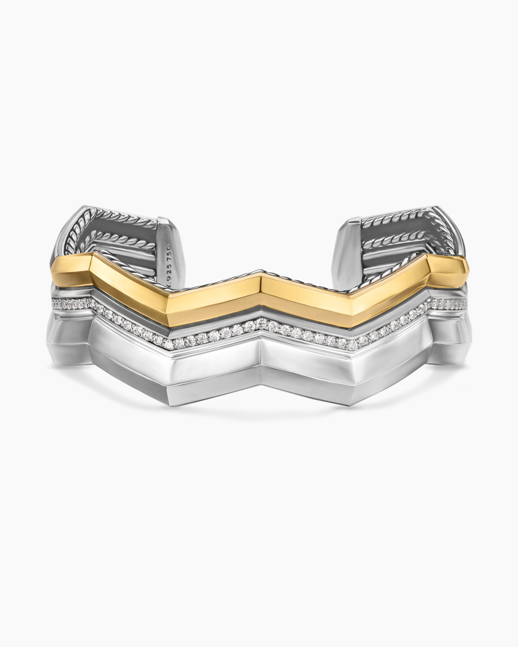 Zig Zag Stax Three Row Cuff Bracelet in Sterling Silver with 18K Yellow Gold and Diamonds, 17.4mm - Image 4