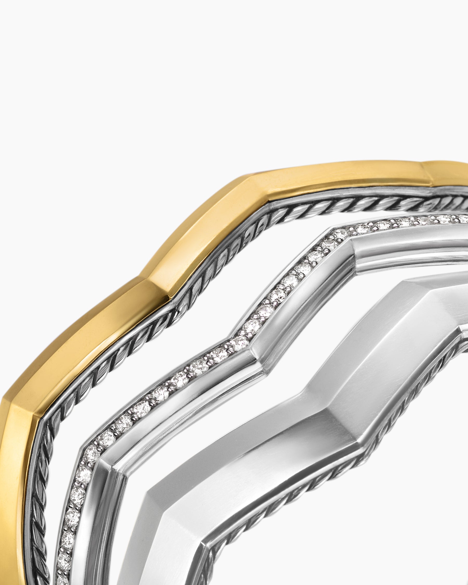 Zig Zag Stax Three Row Cuff Bracelet in Sterling Silver with 18K Yellow Gold and Diamonds, 17.4mm - Image 5