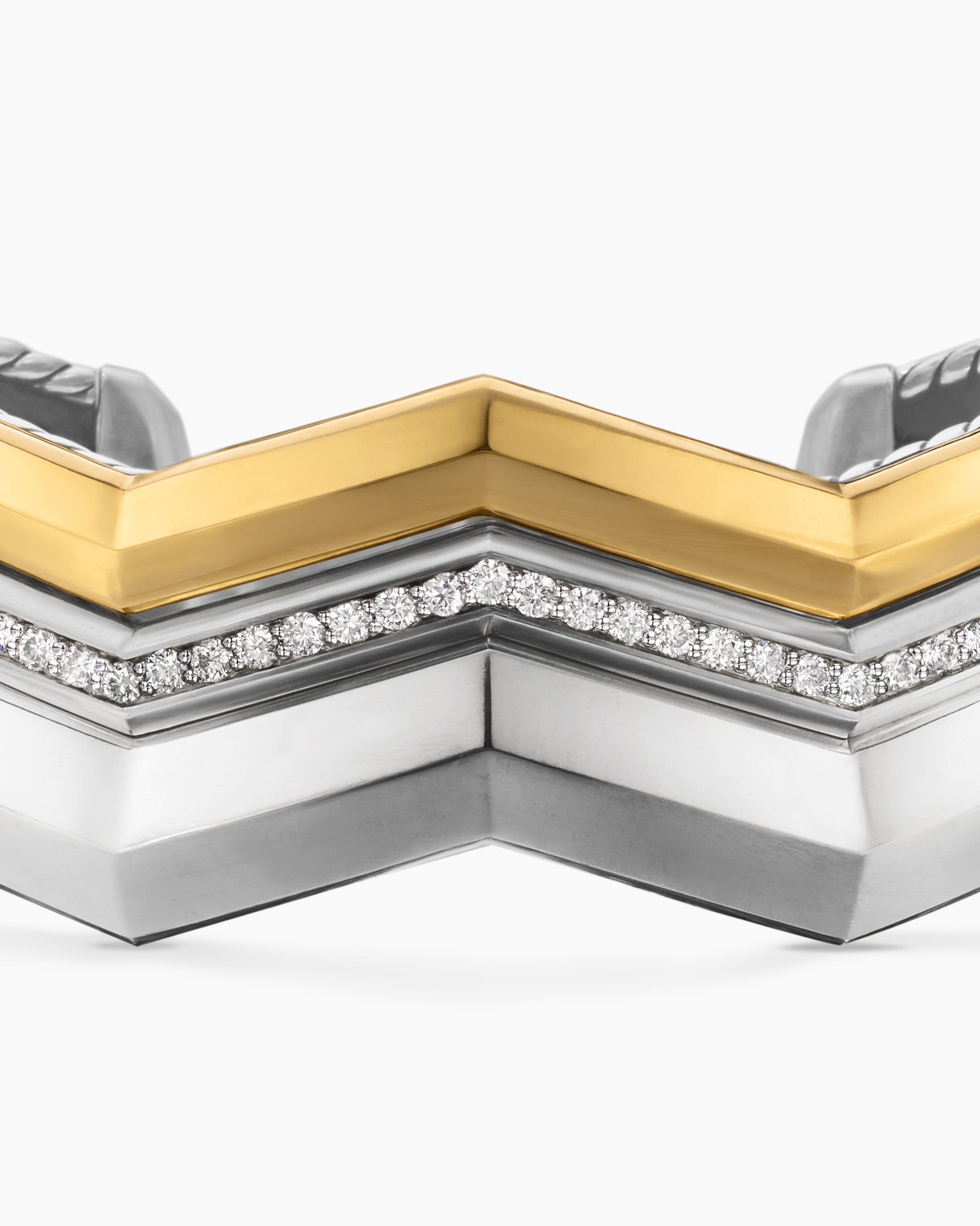 Zig Zag Stax Three Row Cuff Bracelet in Sterling Silver with 18K Yellow Gold and Diamonds, 17.4mm - Image 6
