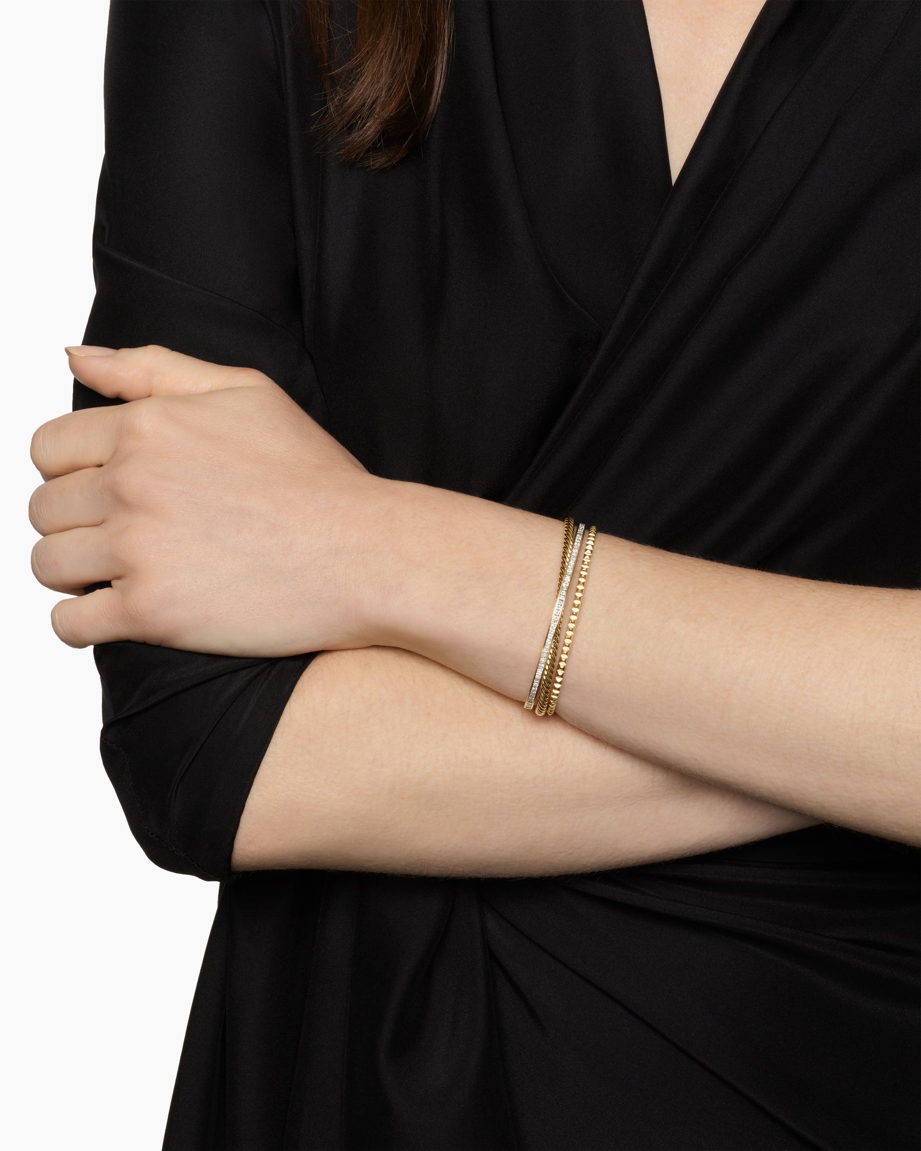 Alternative view of Crossover Trio Three Row Cuff Bracelet in 18K Yellow Gold with Diamonds, 11mm