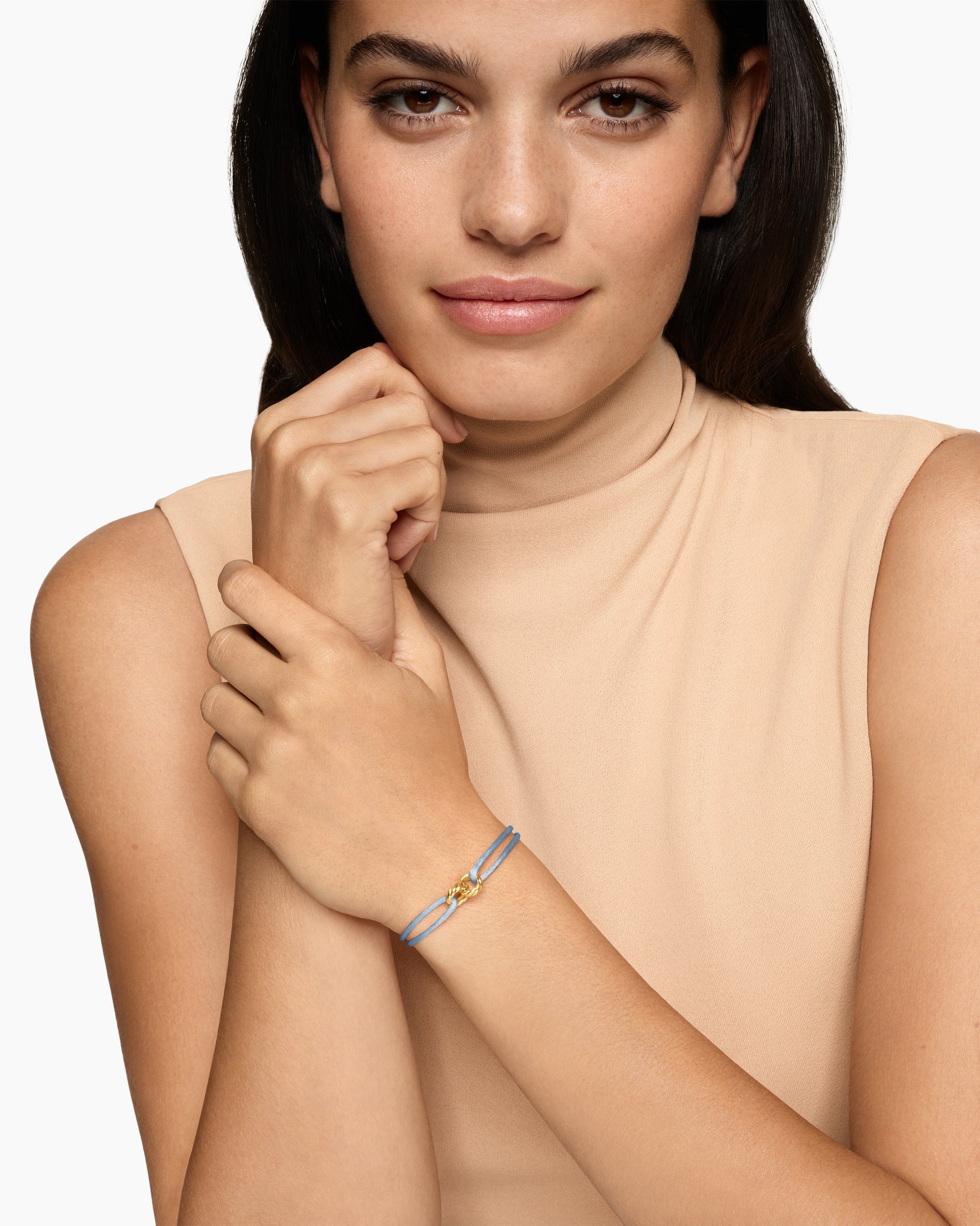 Alternative view of Sculpted Cable Linked Cord Bracelet in Baby Blue Nylon with 18K Yellow Gold, 8.7mm