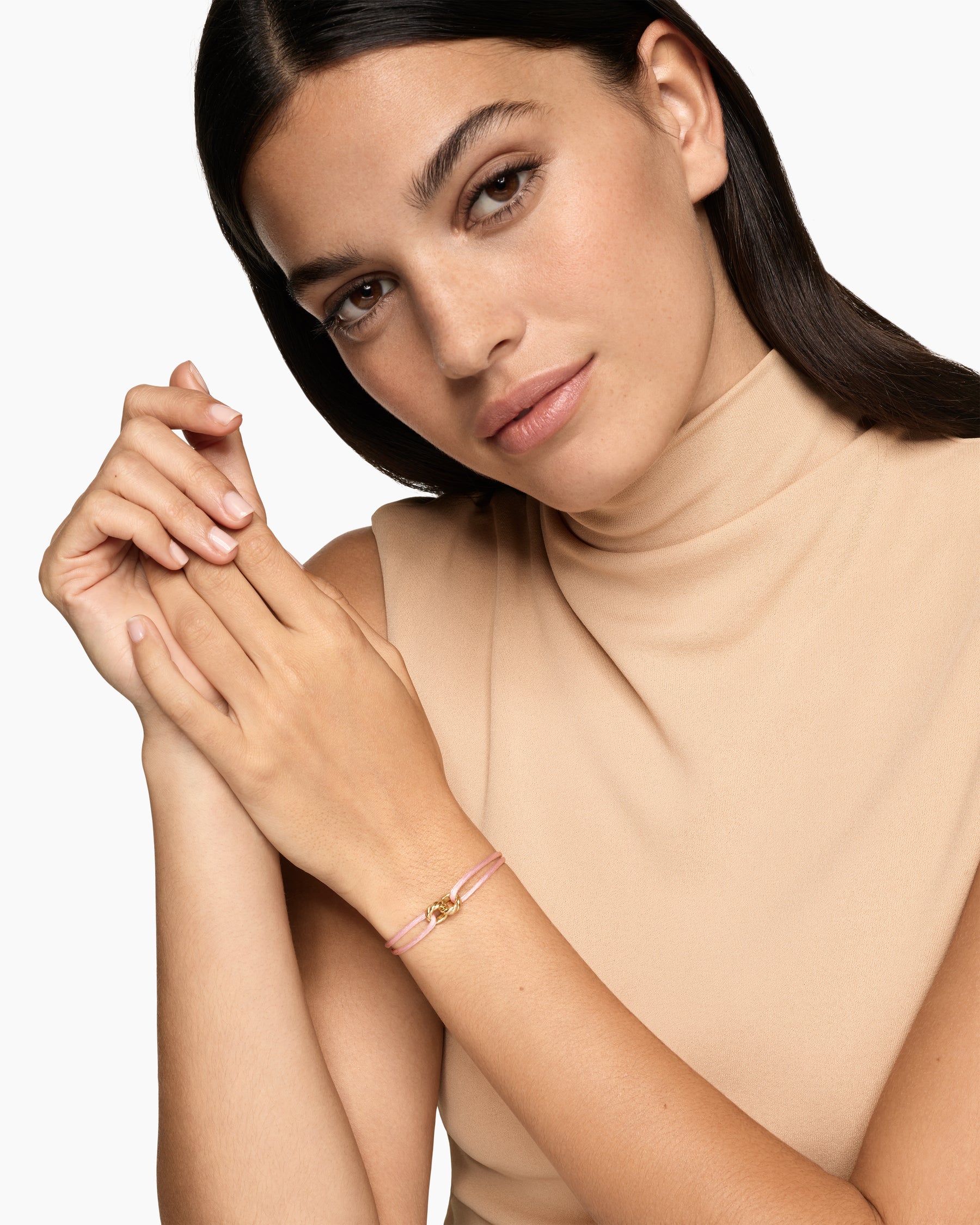 Alternative view of Sculpted Cable Linked Cord Bracelet in Pink Nylon with 18K Yellow Gold, 8.7mm