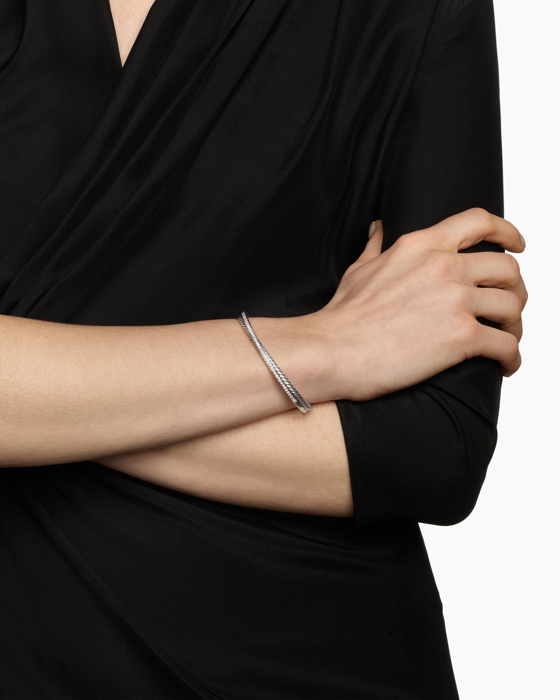 Alternative view of Crossover Two Row Bracelet in Sterling Silver with Diamonds, 6mm