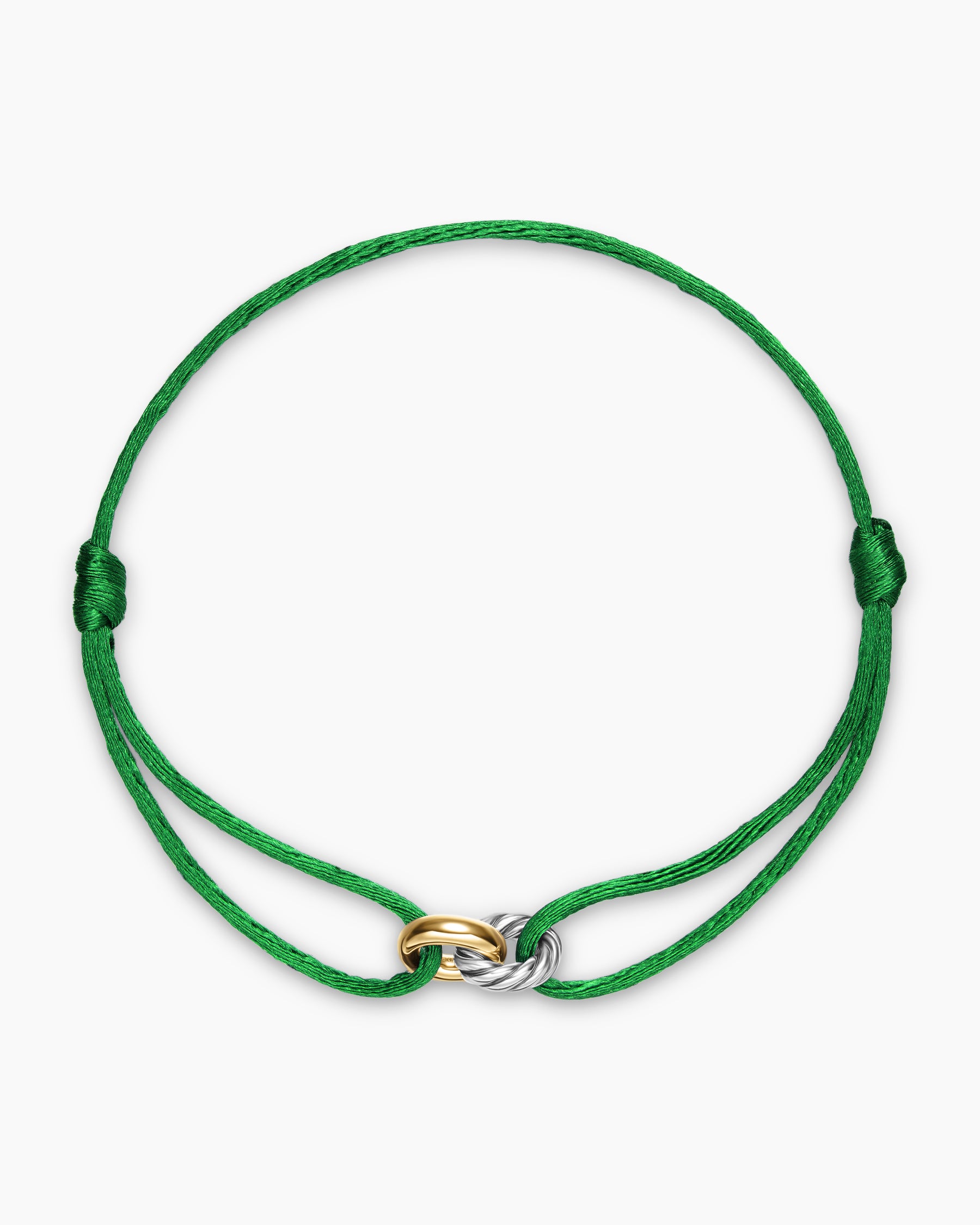 Sculpted Cable Linked Cord Bracelet in Green Nylon with Sterling Silver and 14K Yellow Gold, 8.7mm - Image 3
