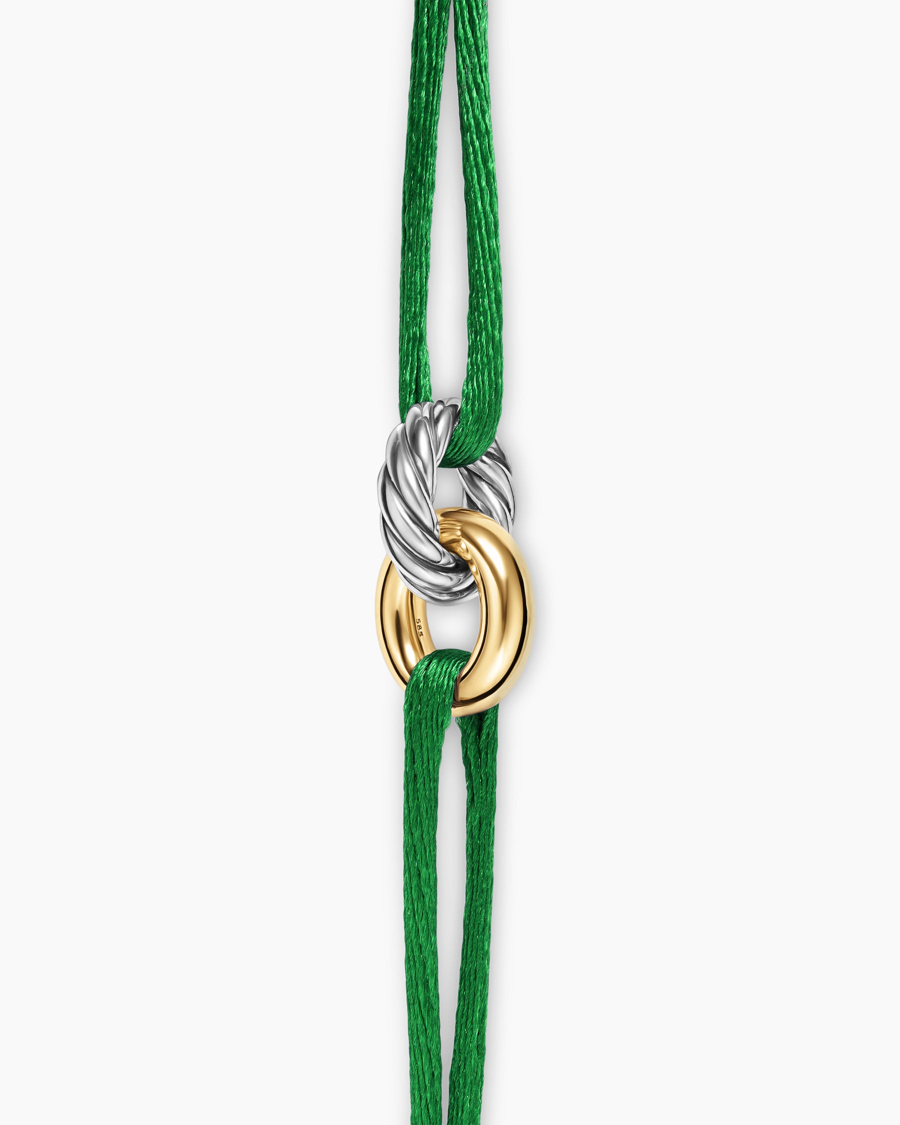 Sculpted Cable Linked Cord Bracelet in Green Nylon with Sterling Silver and 14K Yellow Gold, 8.7mm - Image 4
