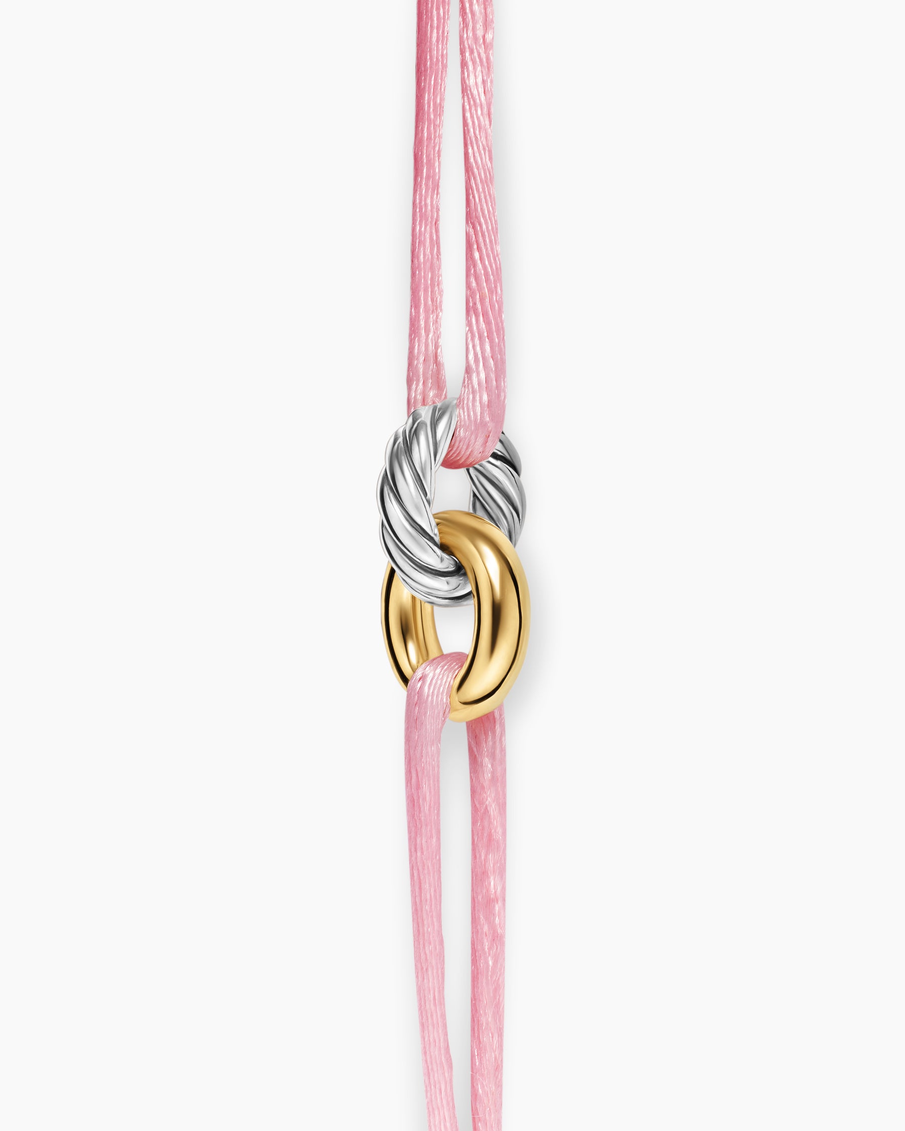 Sculpted Cable Linked Cord Bracelet in Pink Nylon with Sterling Silver and 14K Yellow Gold, 8.7mm - Image 4