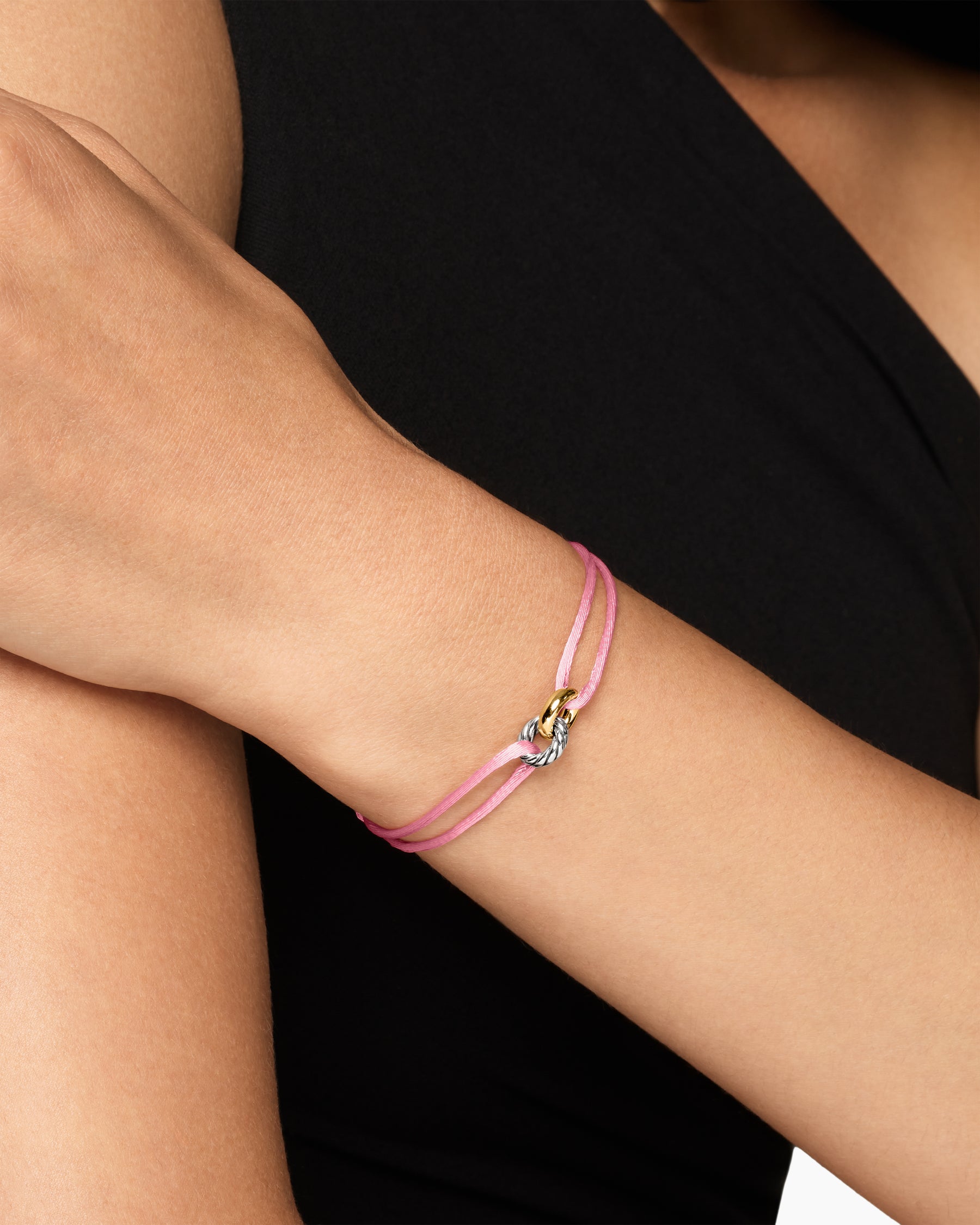 Alternative view of Sculpted Cable Linked Cord Bracelet in Pink Nylon with Sterling Silver and 14K Yellow Gold, 8.7mm