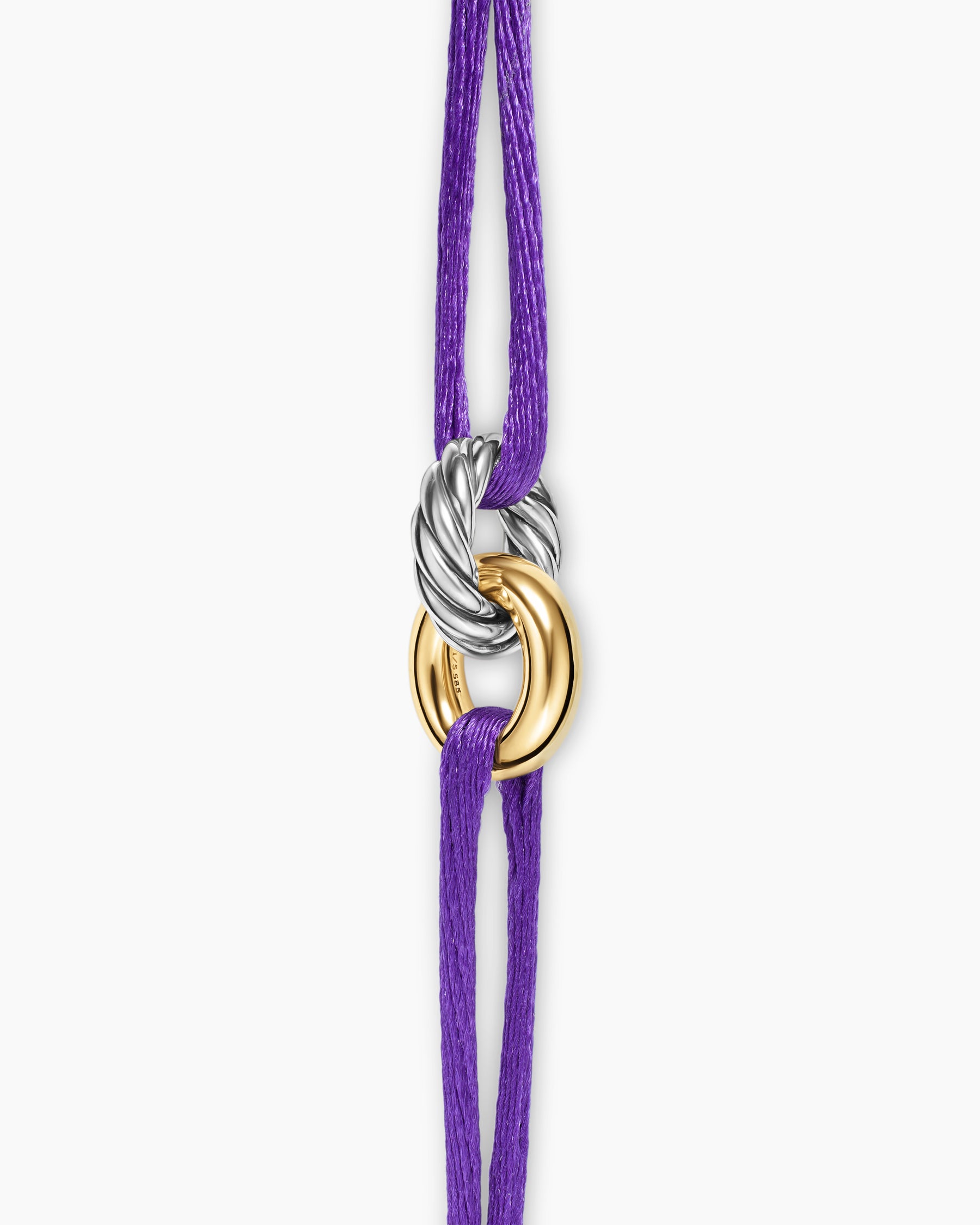 Sculpted Cable Linked Cord Bracelet in Purple Nylon with Sterling Silver and 14K Yellow Gold, 8.7mm - Image 4