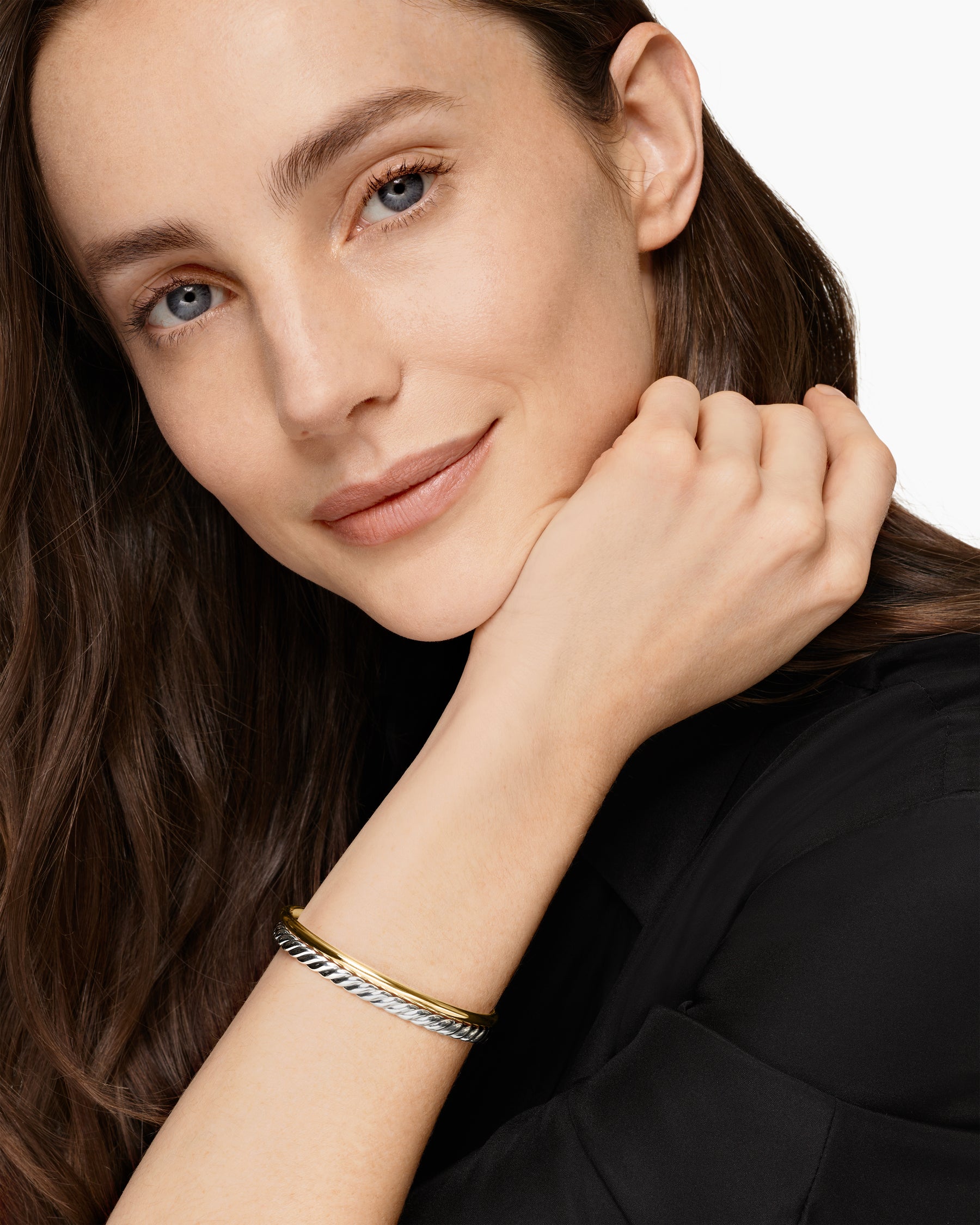 Alternative view of DY Mercer Two Row Cuff Bracelet in Sterling Silver with 18K Yellow Gold, 8mm