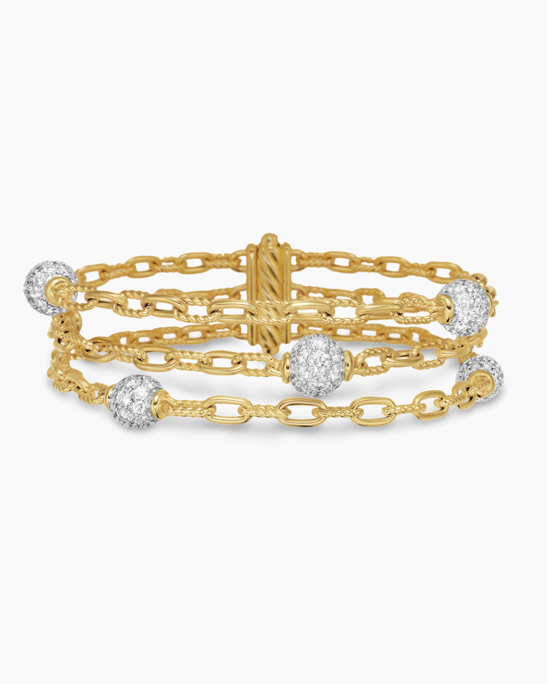 DY Madison Pavé Bead Multi Row Chain Bracelet in 18K Yellow Gold with Diamonds, 15mm