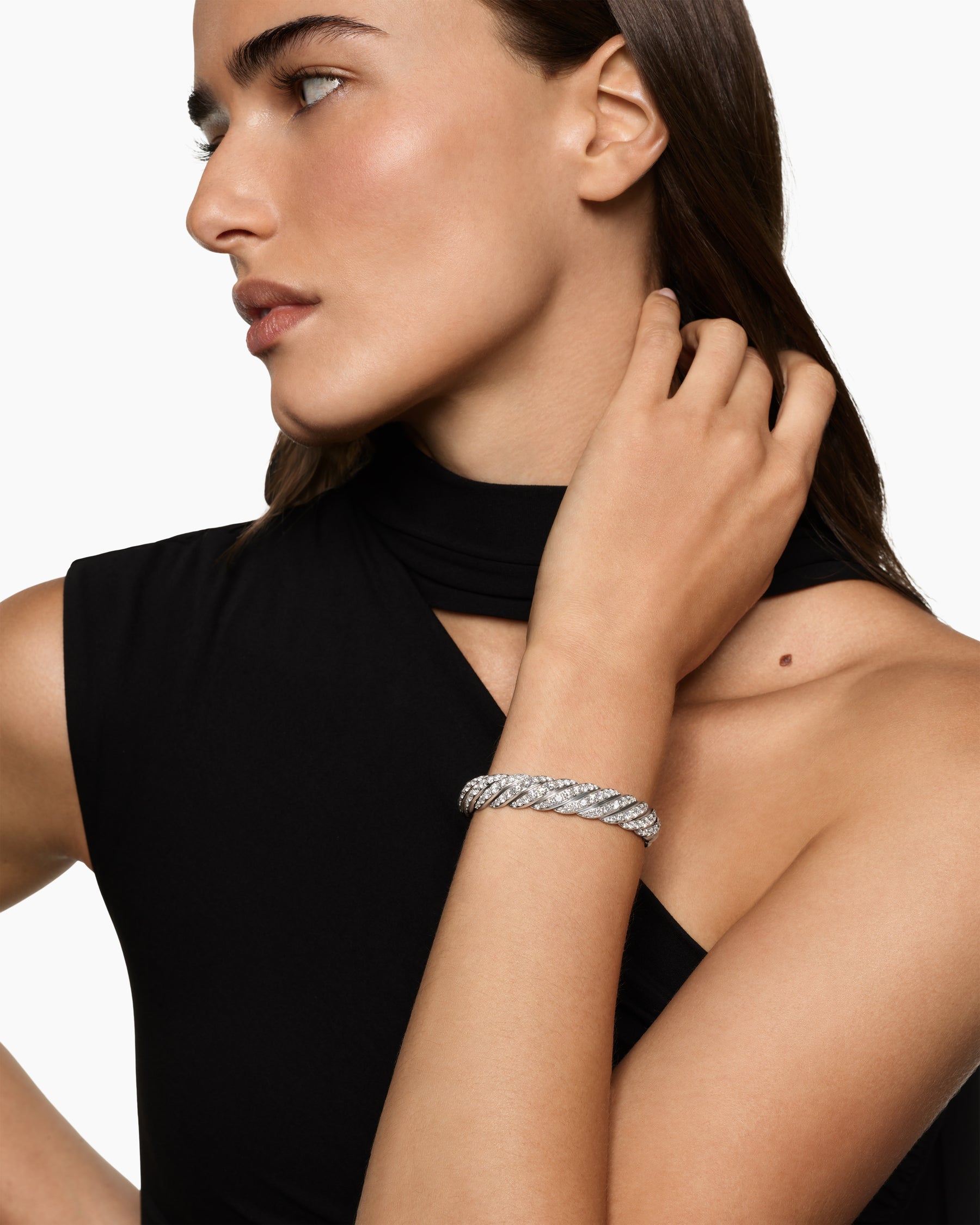 Alternative view of Sculpted Cable Flex Bracelet in 18K White Gold with Diamonds, 11mm