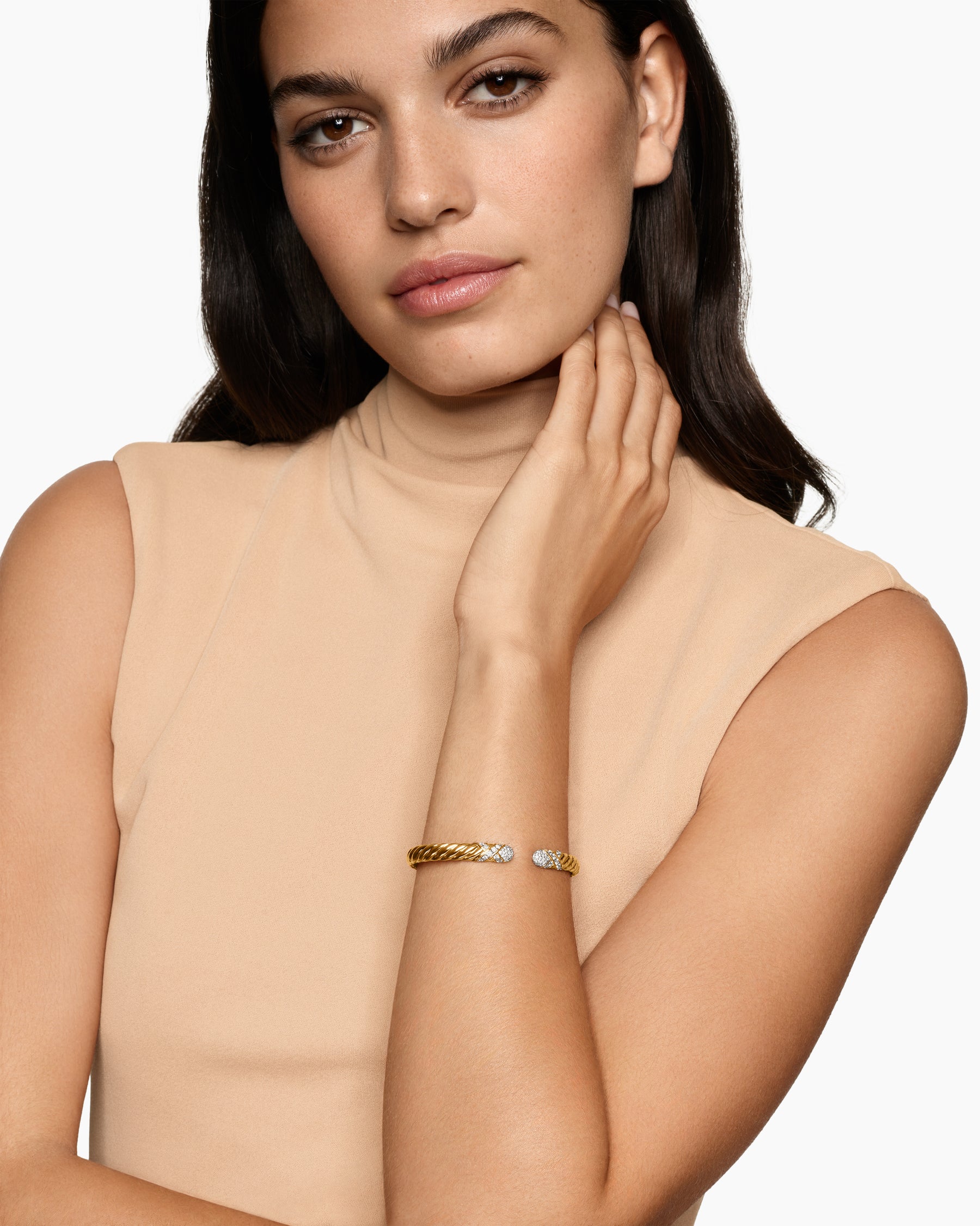 Alternative view of Sculpted Cable X Cuff Bracelet in 18K Yellow Gold with Diamonds, 6.2mm
