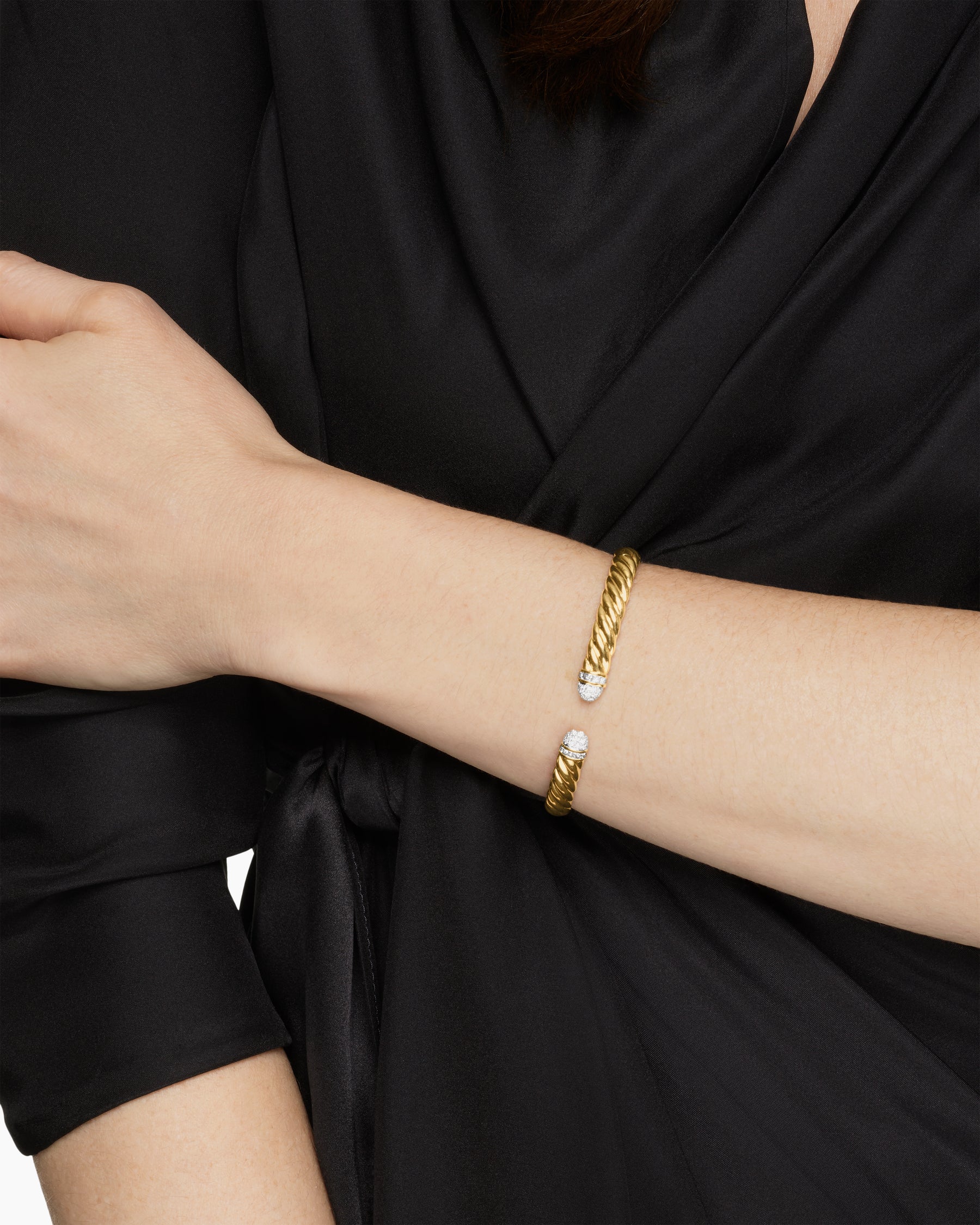 Alternative view of Sculpted Cable Cuff Bracelet in 18K Yellow Gold with Pavé Diamond Domes, 6.2mm