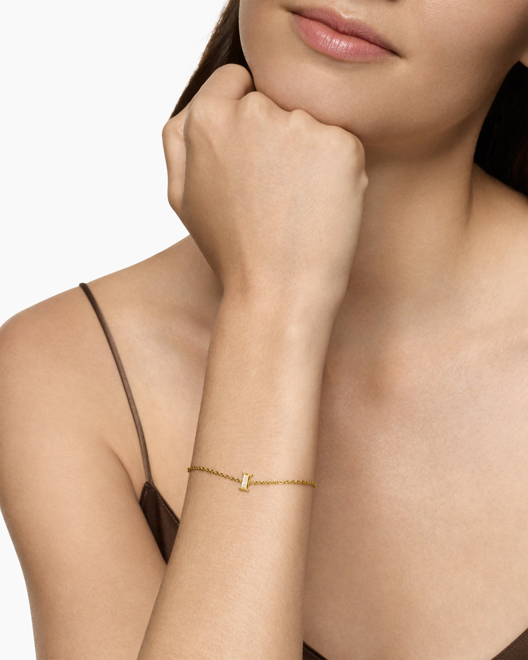 Petite Pavé Initial Chain Bracelet in 18K Yellow Gold with Diamond I - Image 2