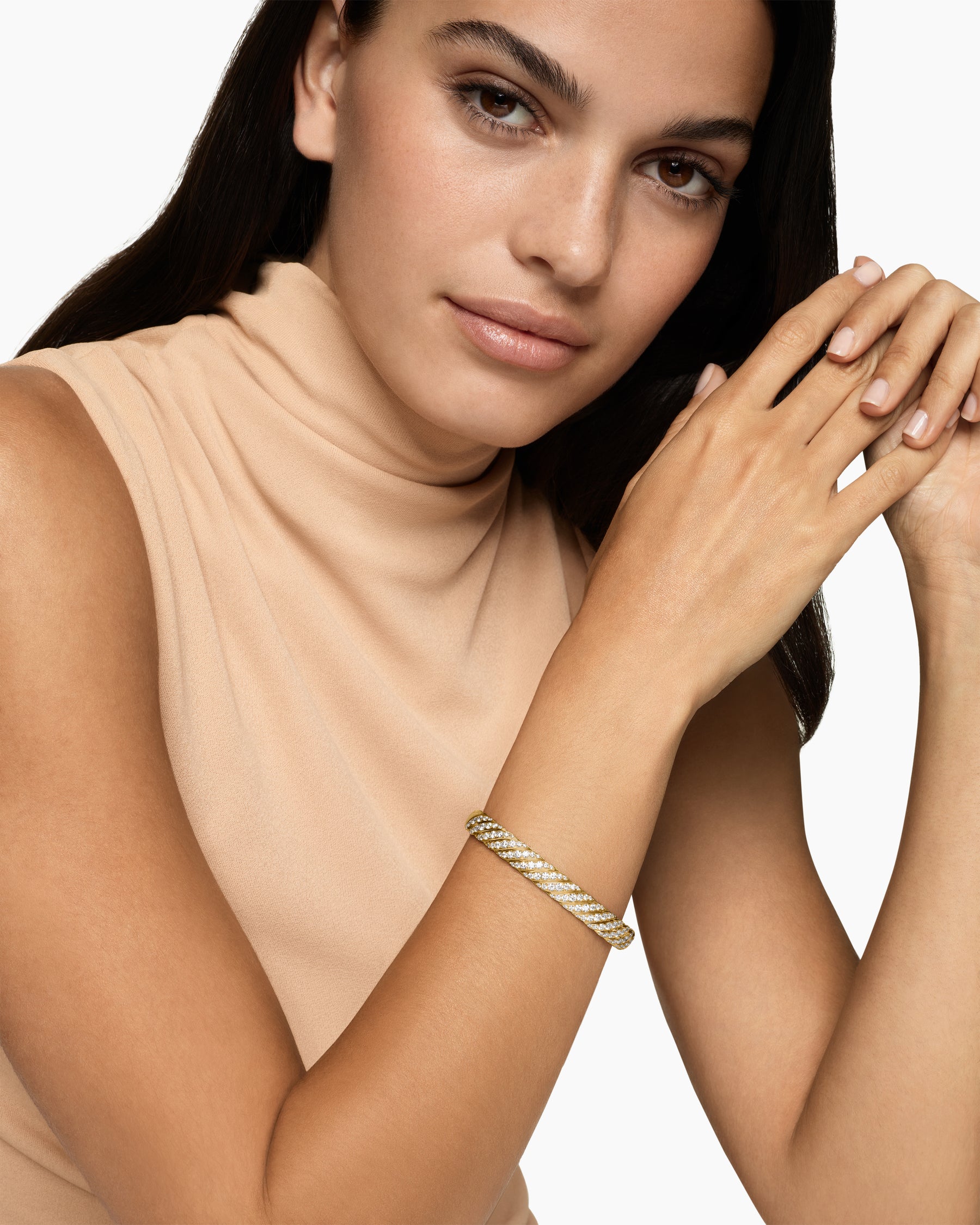 Alternative view of Sculpted Cable Bangle Bracelet in 18K Yellow Gold with Diamonds, 8mm