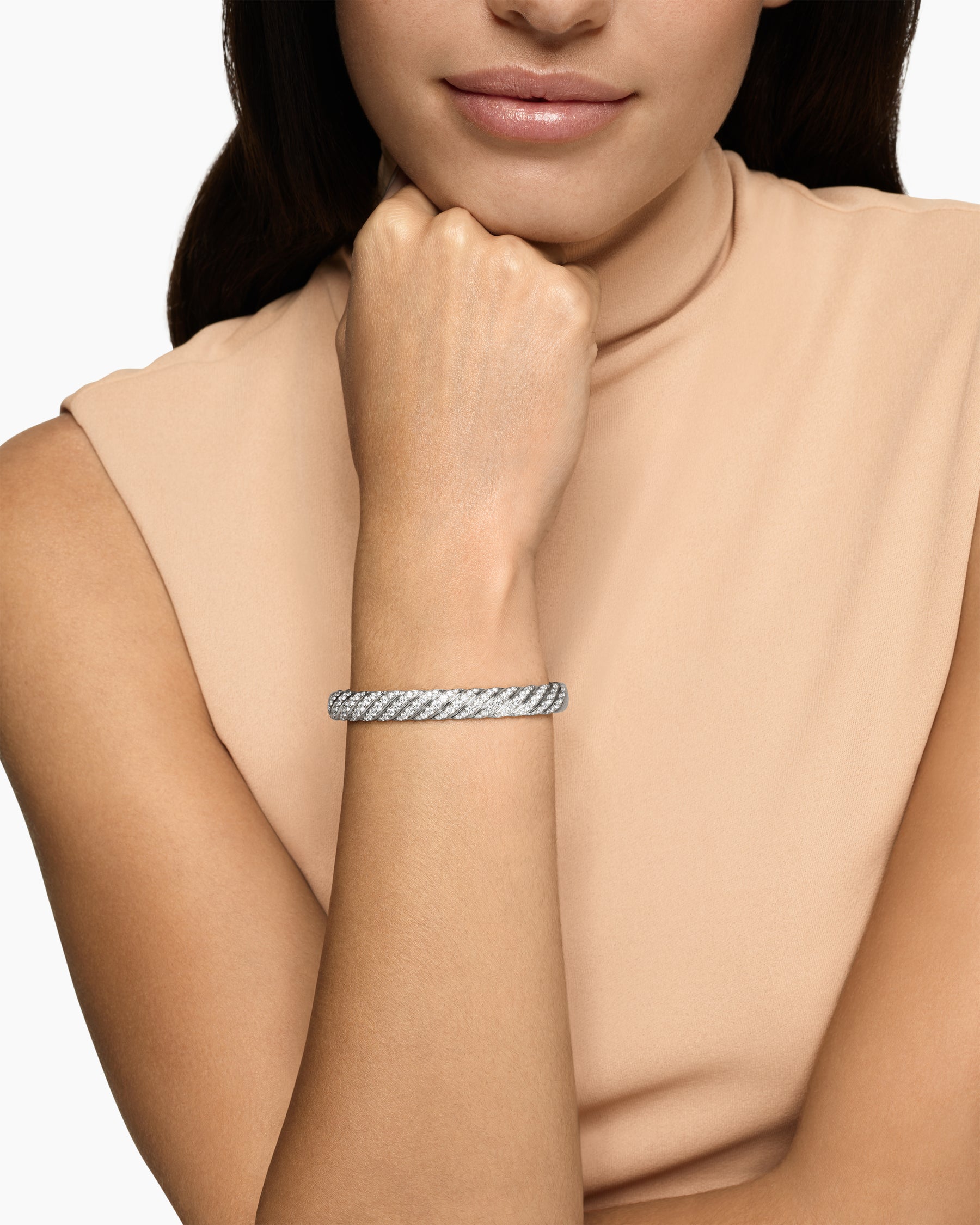 Alternative view of Sculpted Cable Bangle Bracelet in 18K White Gold with Diamonds, 8mm