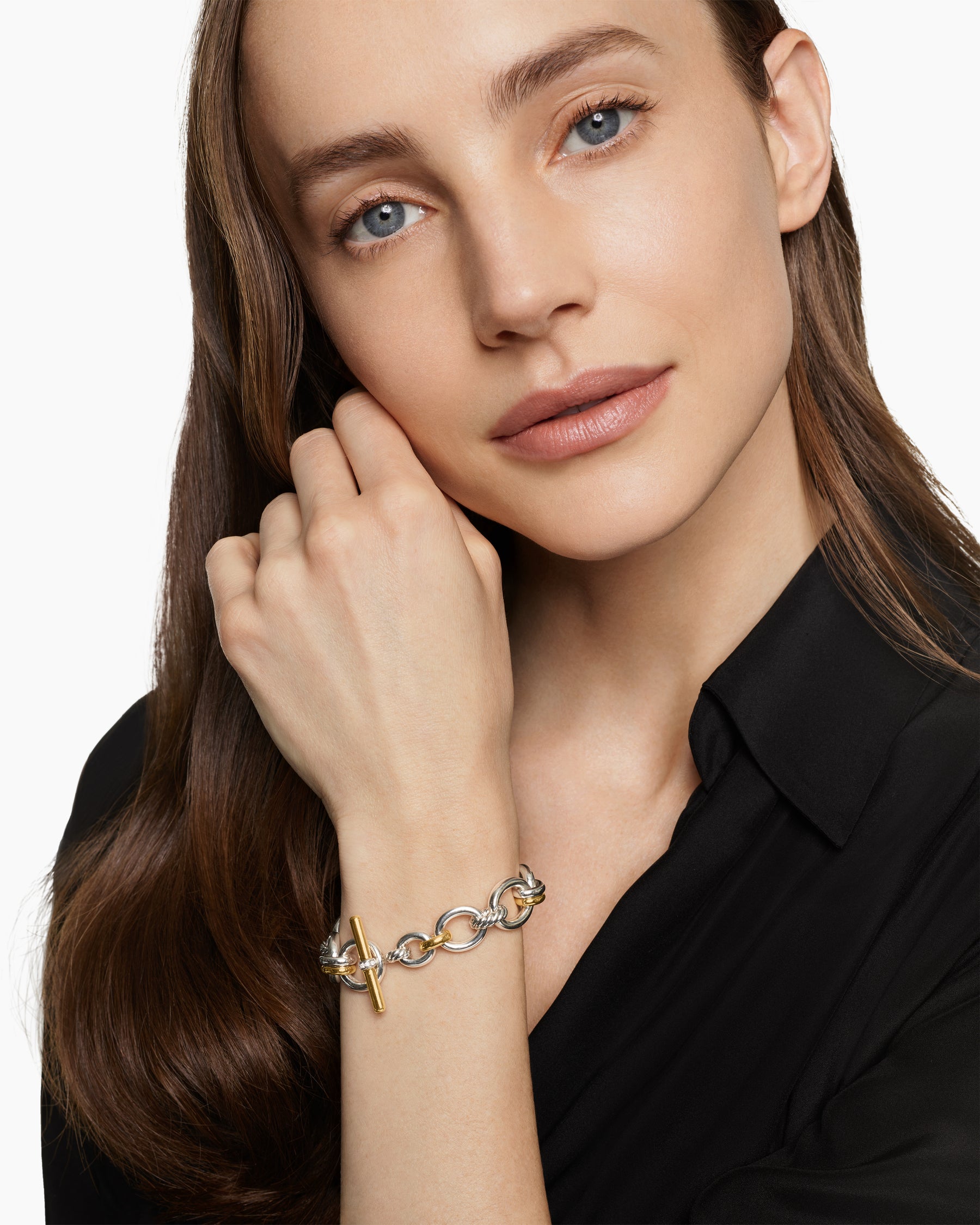 Alternative view of DY Mercer Chain Bracelet in Sterling Silver with 18K Yellow Gold and Diamonds, 8mm
