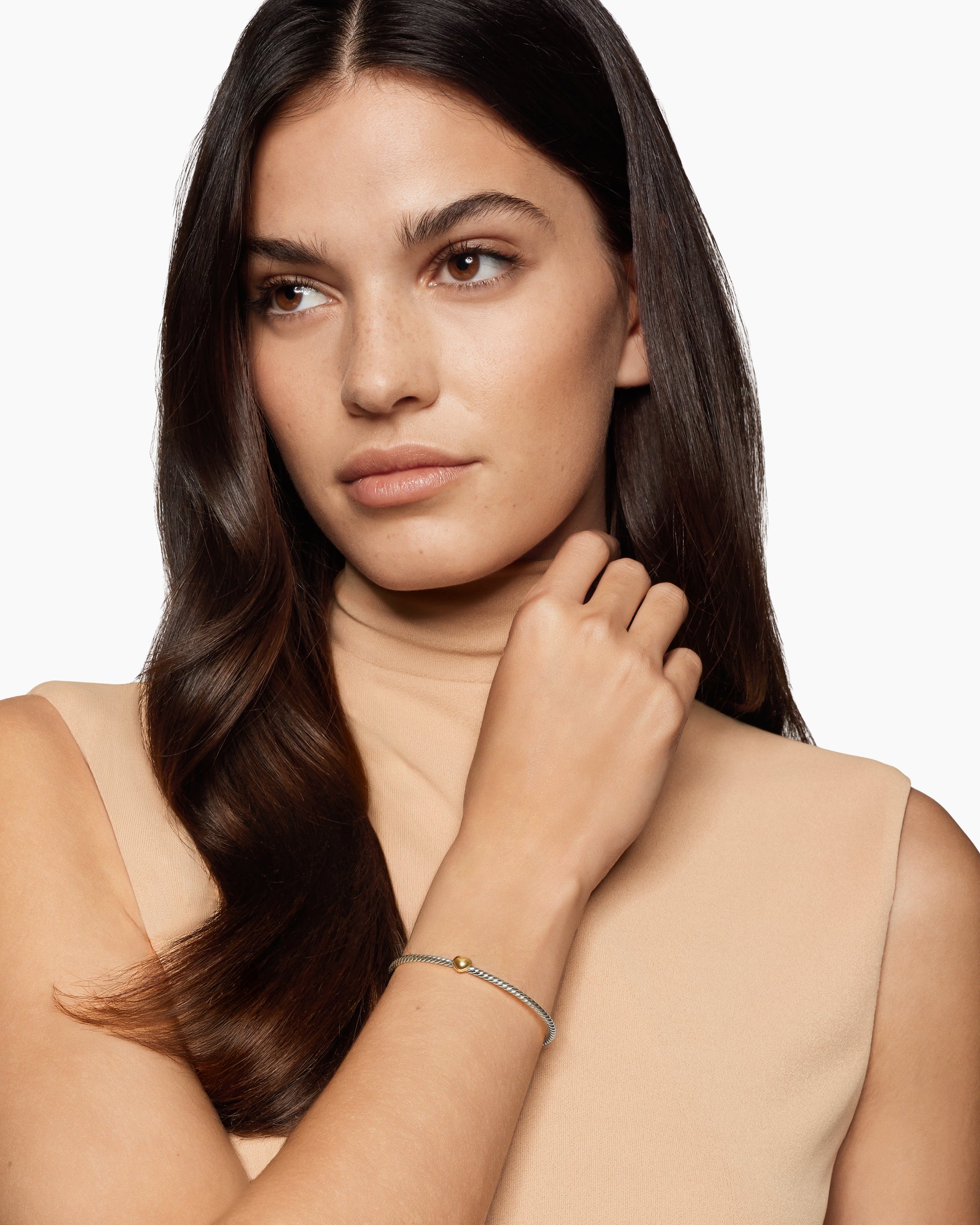 Alternative view of Micro Cable Flex Heart Station Bracelet in Sterling Silver with 14K Yellow Gold, 2.6mm