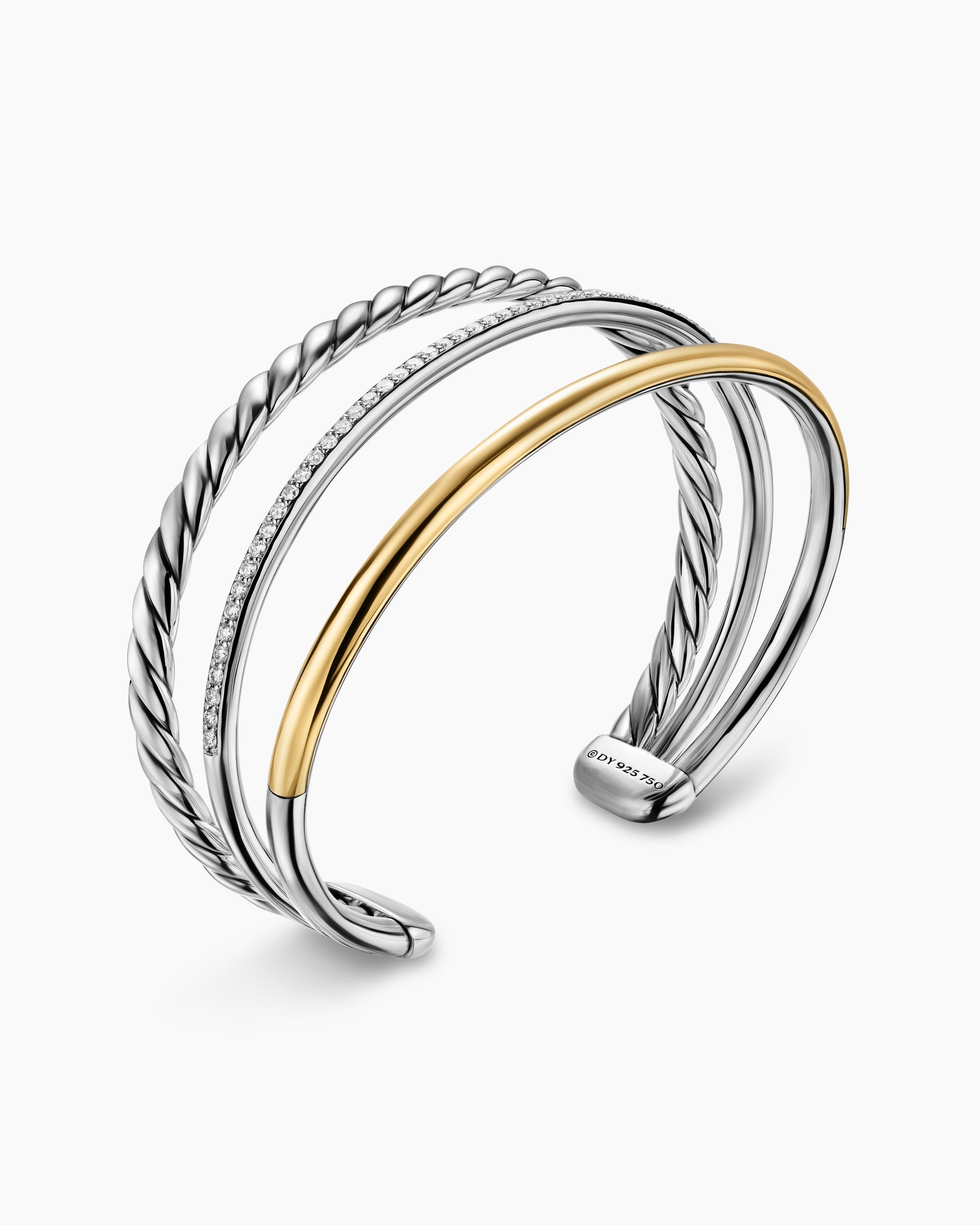 DY Mercer Three Row Cuff Bracelet in Sterling Silver with 18K Yellow Gold and Diamonds, 10.4mm - Image 3