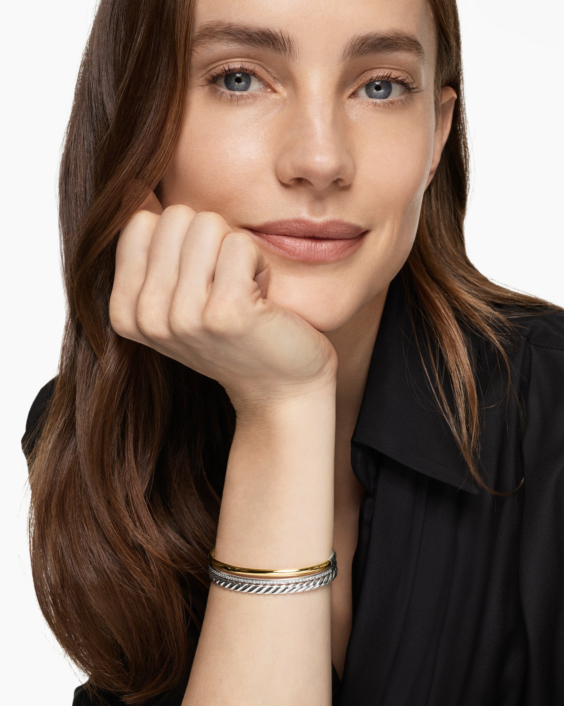 Alternative view of DY Mercer Three Row Cuff Bracelet in Sterling Silver with 18K Yellow Gold and Diamonds, 10.4mm