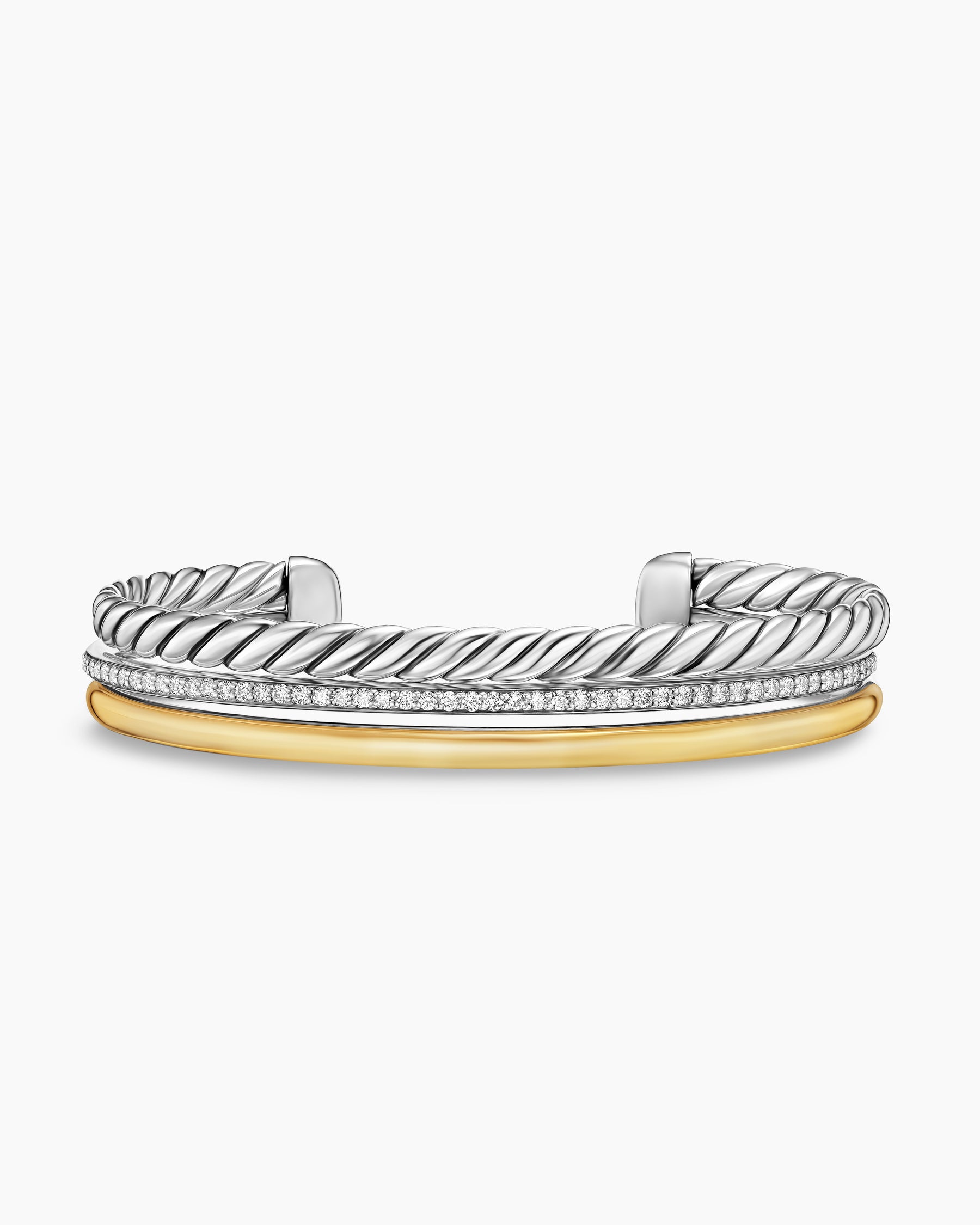 DY Mercer Three Row Cuff Bracelet in Sterling Silver with 18K Yellow Gold and Diamonds, 10.4mm