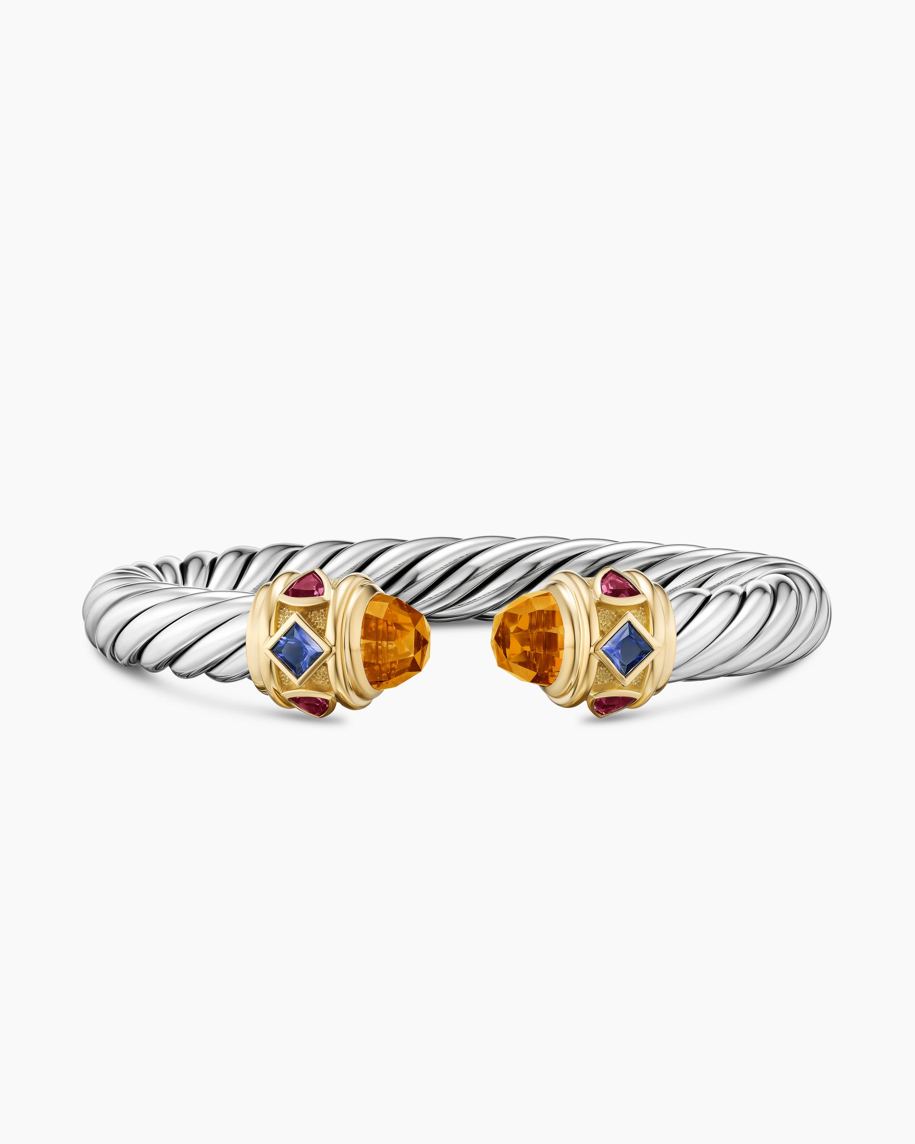 Renaissance Cable Flex Bracelet in Sterling Silver with 14K Yellow Gold, Madeira Citrine, Tanzanite and Rhodolite Garnet, 9mm