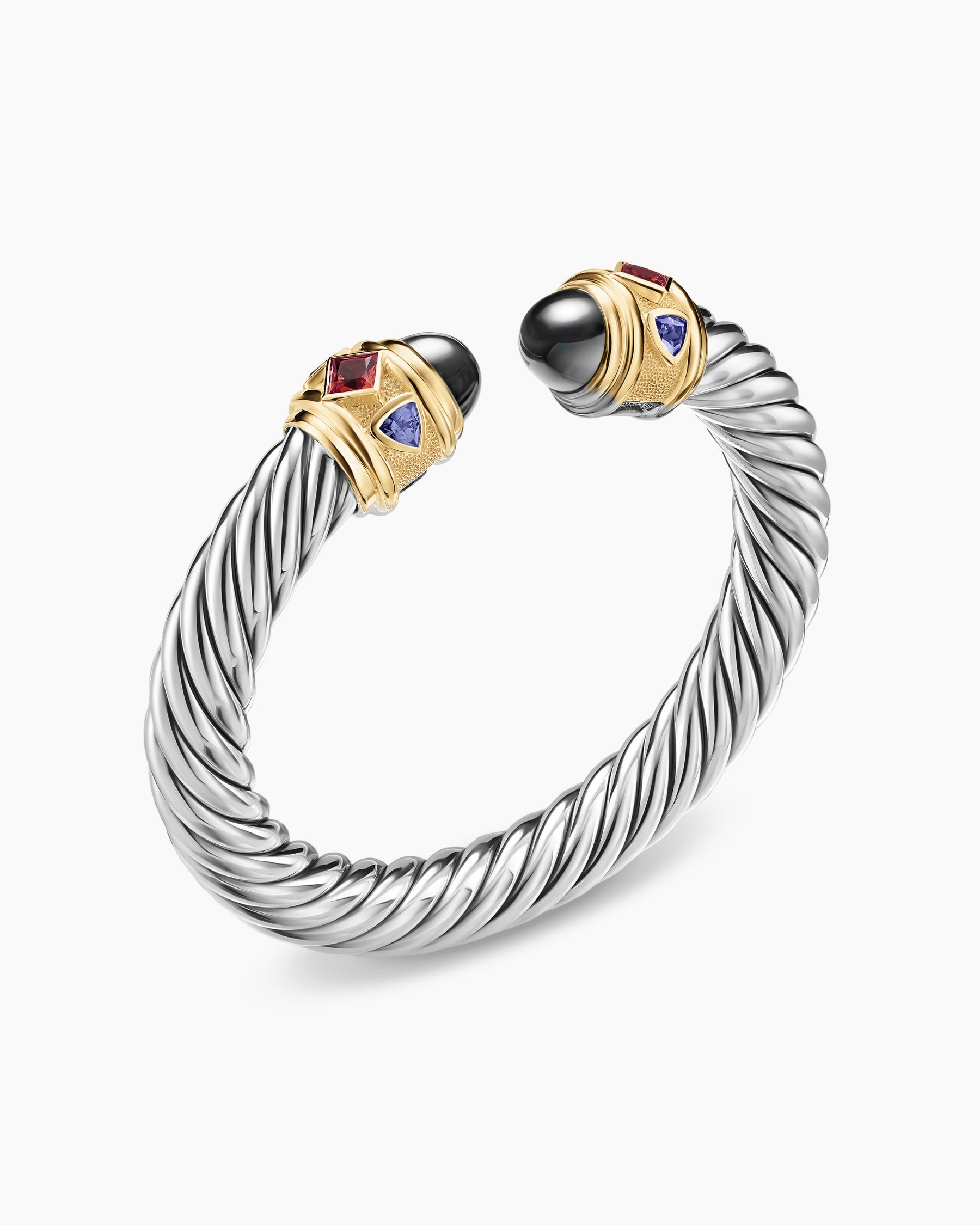 Renaissance Cable Flex Bracelet in Sterling Silver with 14K Yellow Gold, Hematine, Rhodolite Garnet and Iolite, 9mm - Image 3