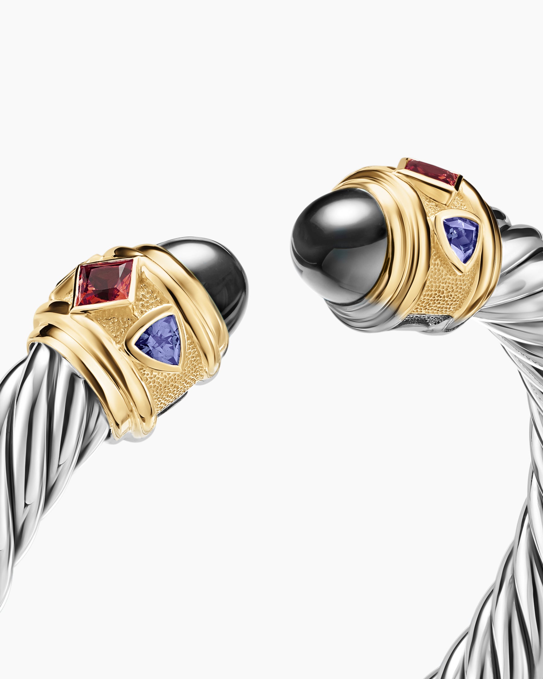 Renaissance Cable Flex Bracelet in Sterling Silver with 14K Yellow Gold, Hematine, Rhodolite Garnet and Iolite, 9mm - Image 5