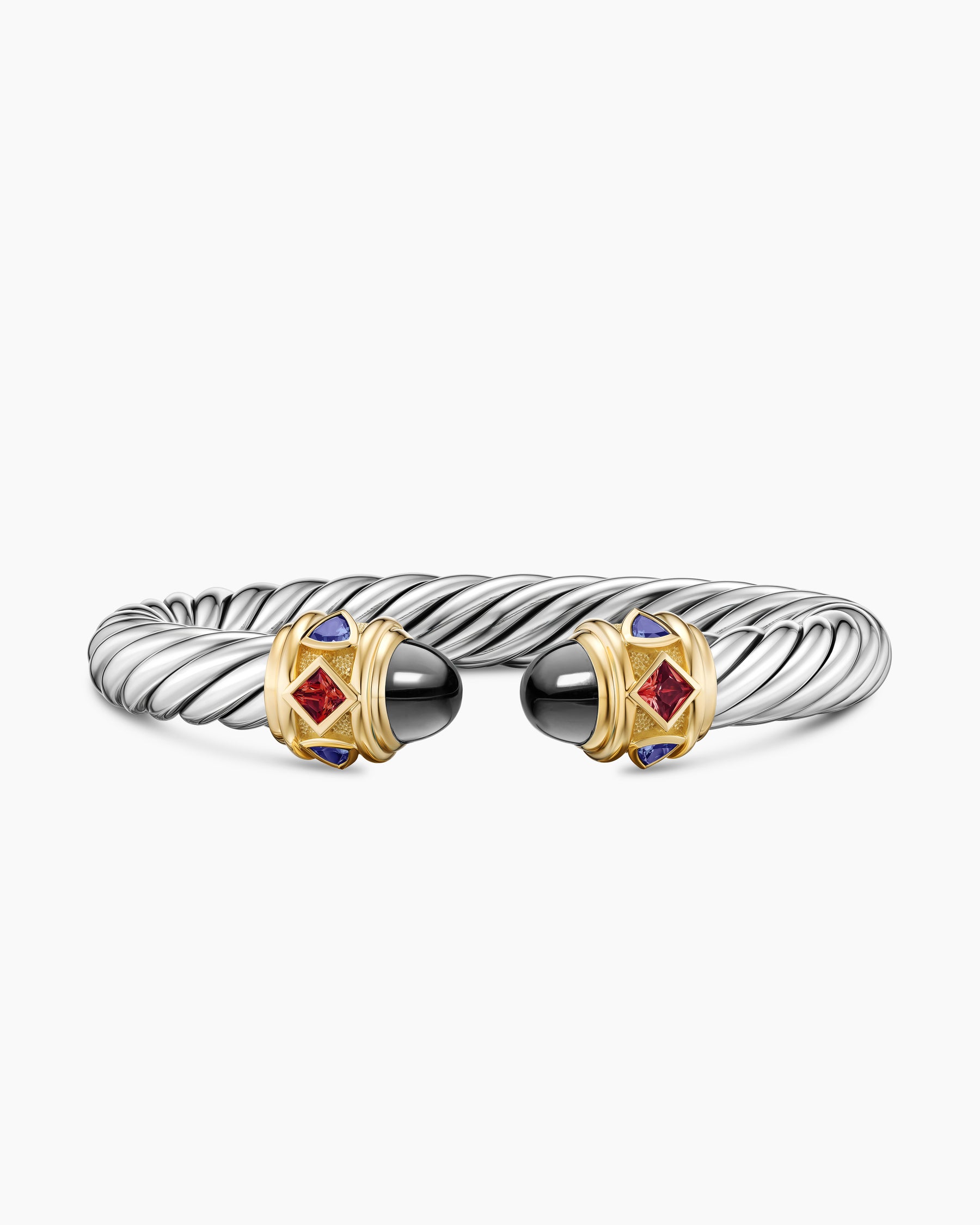 Renaissance Cable Flex Bracelet in Sterling Silver with 14K Yellow Gold, Hematine, Rhodolite Garnet and Iolite, 9mm