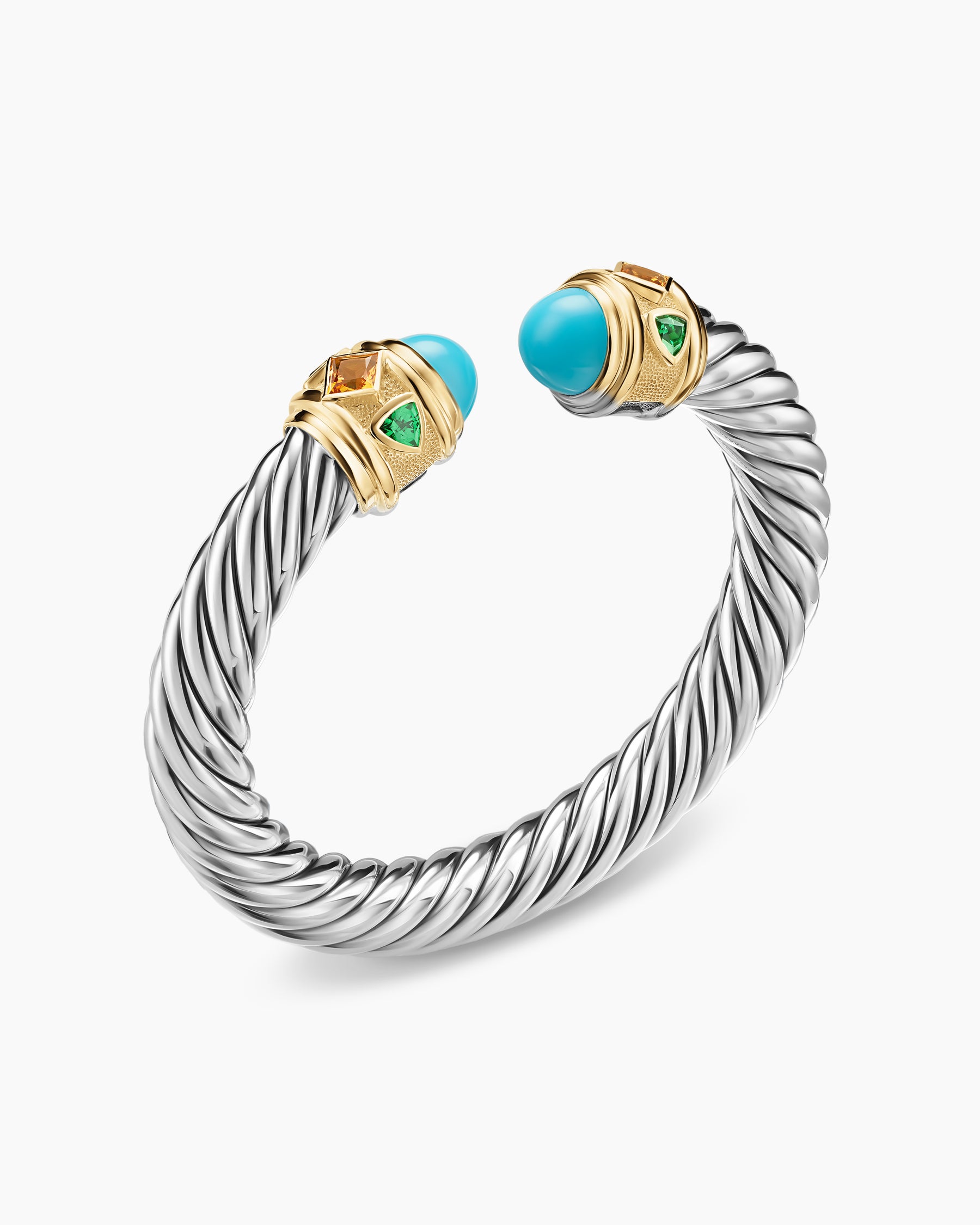 Renaissance Cable Flex Bracelet in Sterling Silver with 14K Yellow Gold, Turquoise, Madeira Citrine and Tsavorites, 9mm - Image 3