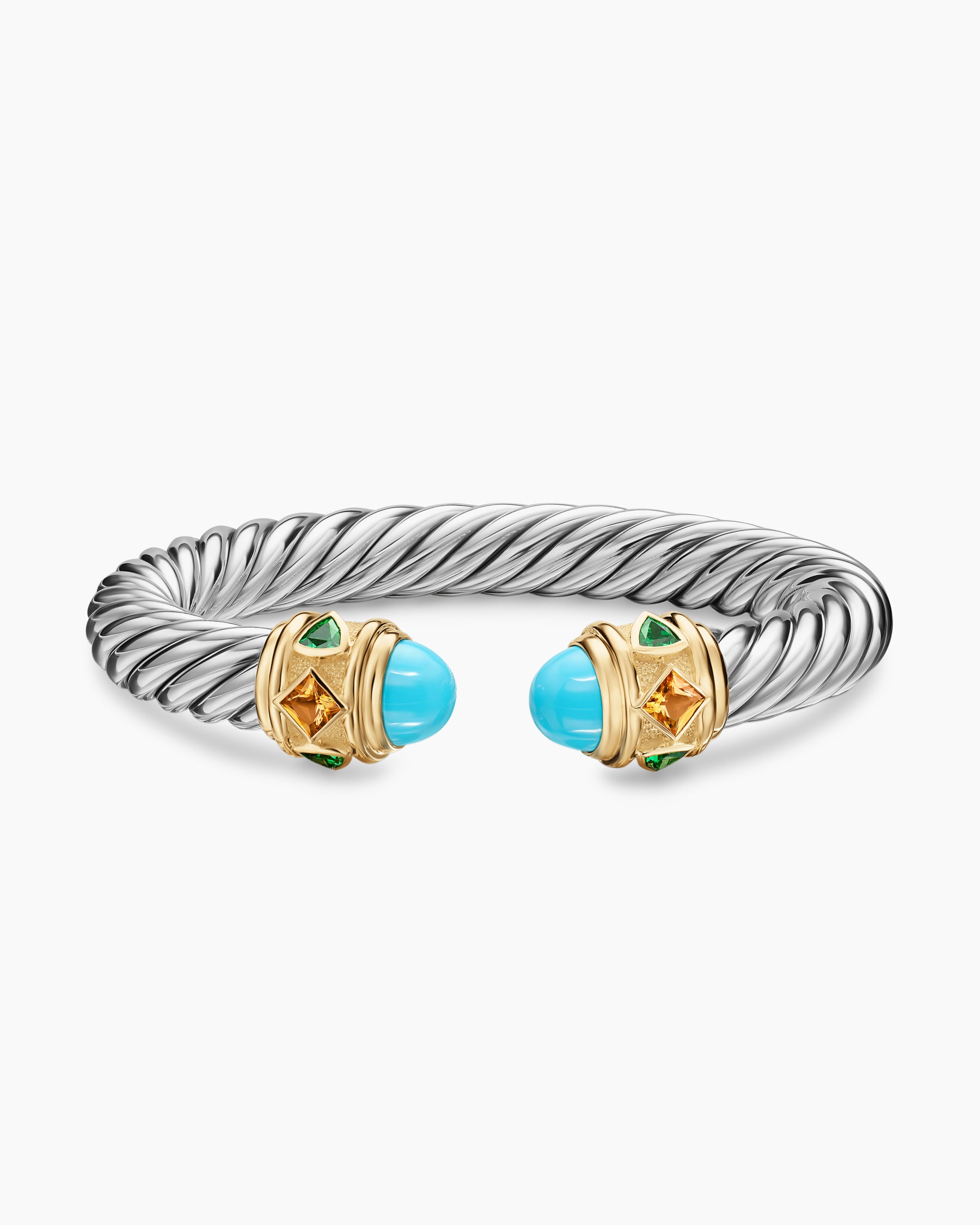 Renaissance Cable Flex Bracelet in Sterling Silver with 14K Yellow Gold, Turquoise, Madeira Citrine and Tsavorites, 9mm - Image 4