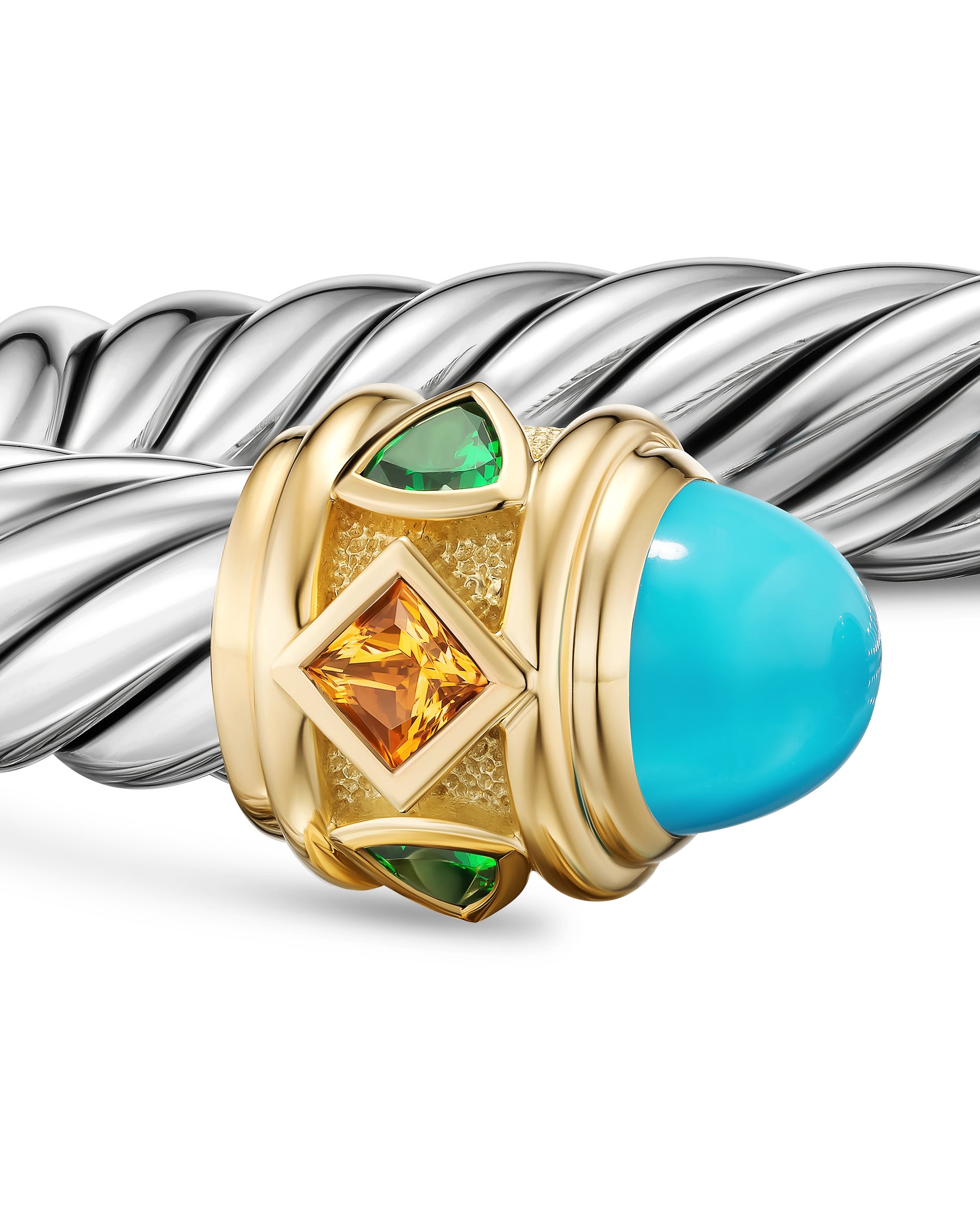 Renaissance Cable Flex Bracelet in Sterling Silver with 14K Yellow Gold, Turquoise, Madeira Citrine and Tsavorites, 9mm - Image 6