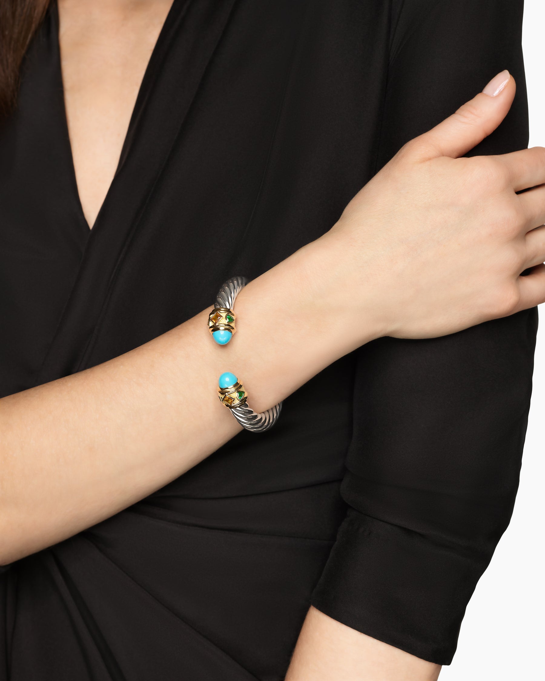 Alternative view of Renaissance Cable Flex Bracelet in Sterling Silver with 14K Yellow Gold, Turquoise, Madeira Citrine and Tsavorites, 9mm