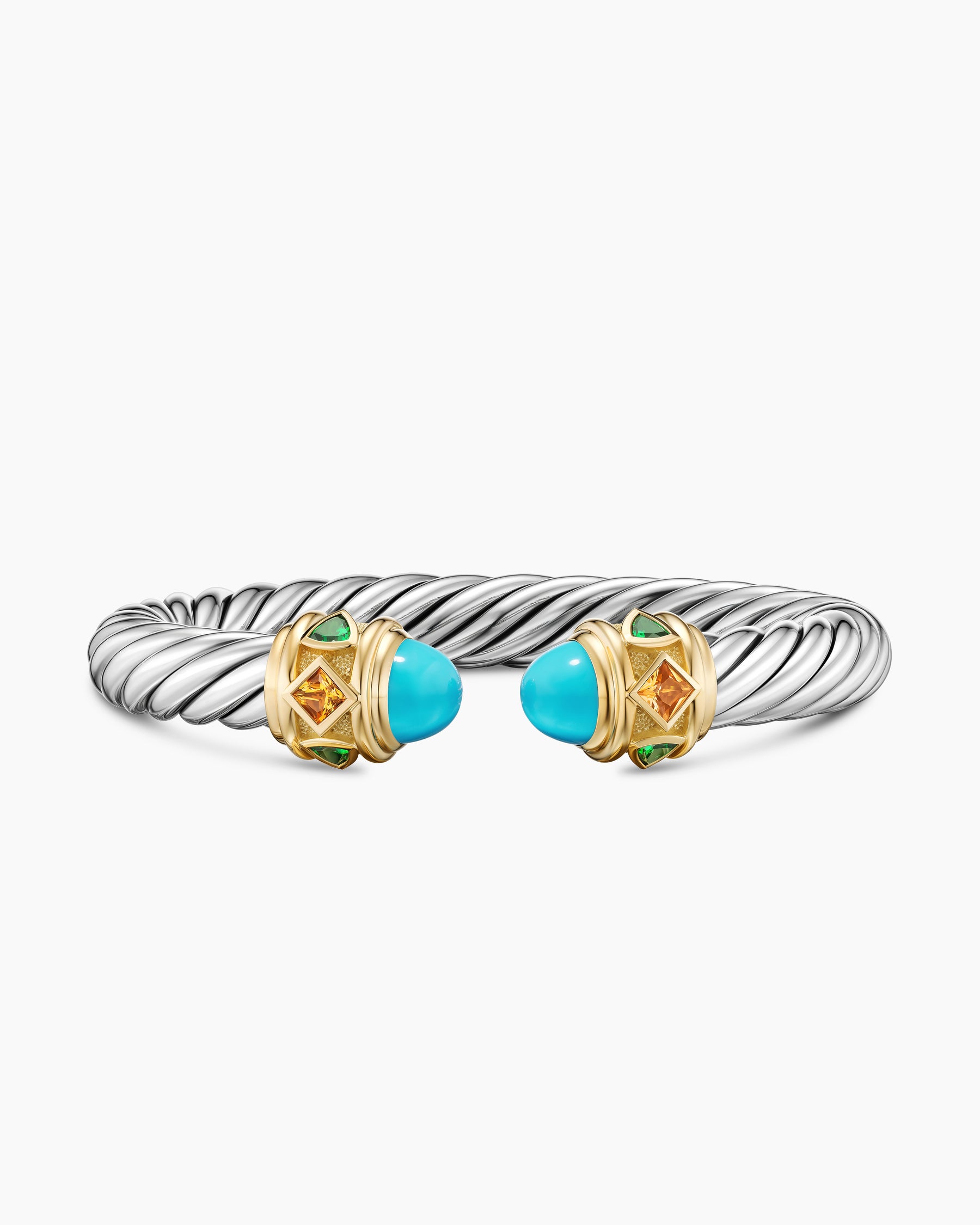 Renaissance Cable Flex Bracelet in Sterling Silver with 14K Yellow Gold, Turquoise, Madeira Citrine and Tsavorites, 9mm