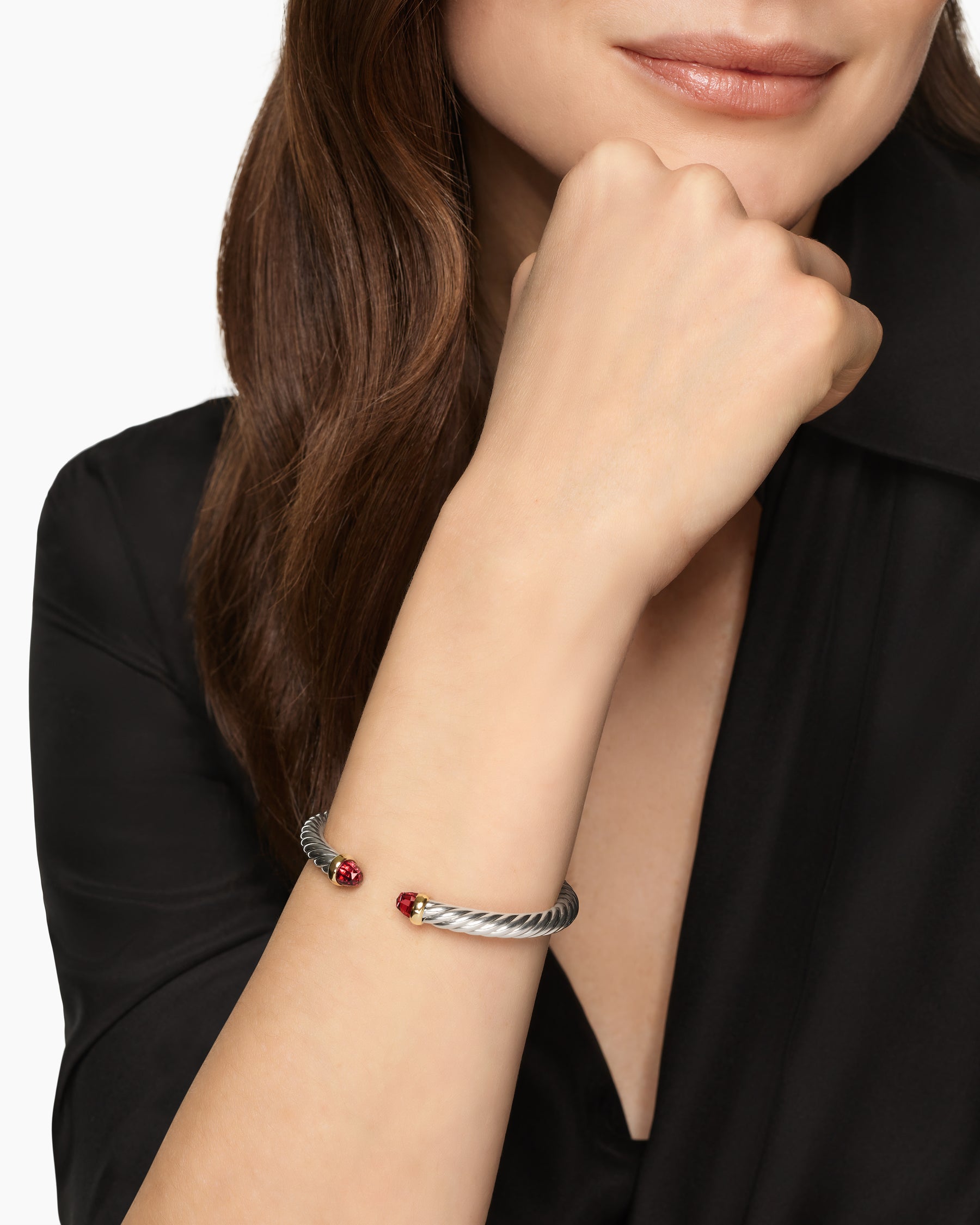 Alternative view of Cable Flex Bracelet in Sterling Silver with 14K Yellow Gold and Rhodolite Garnet, 6mm