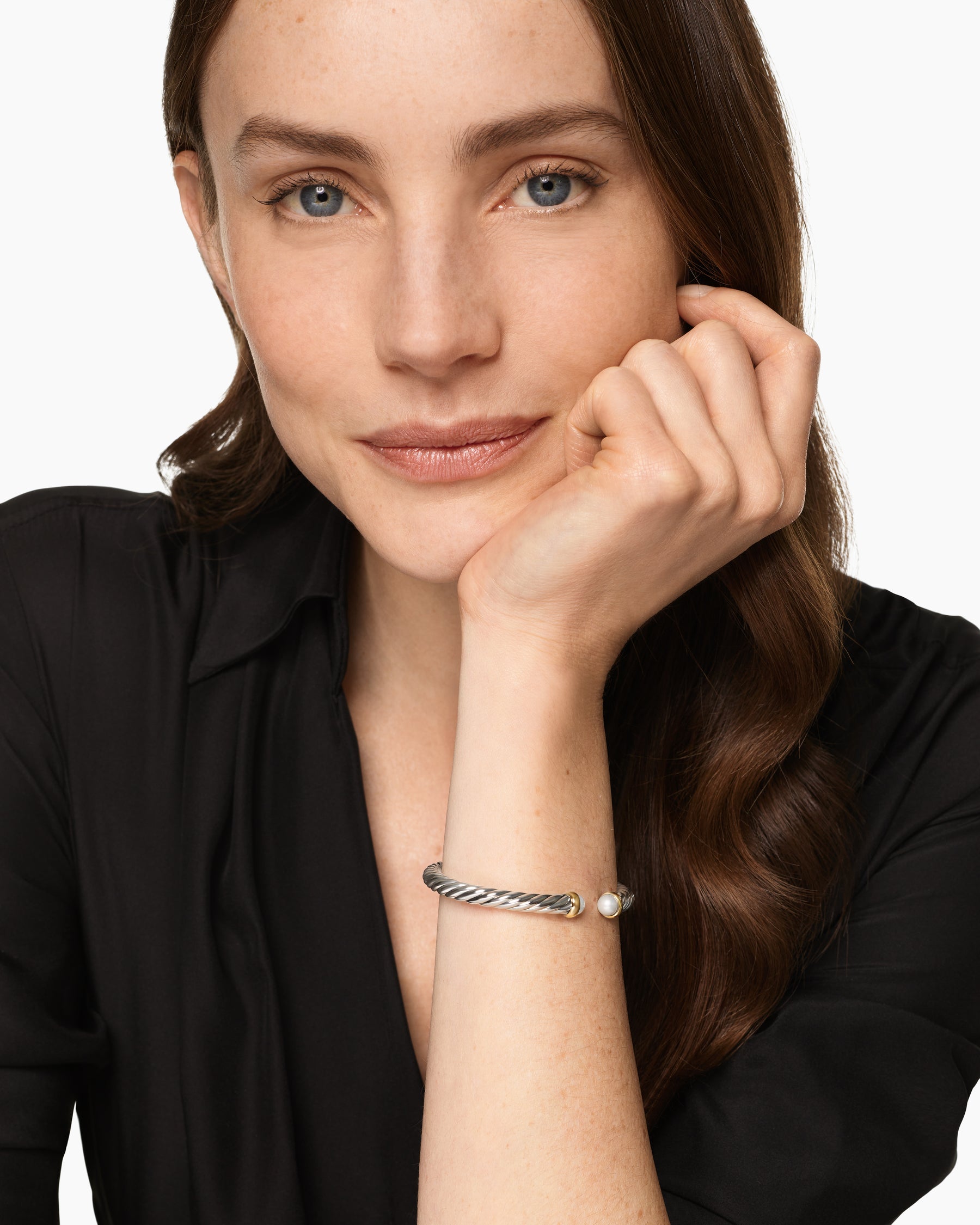 Alternative view of Cable Flex Bracelet in Sterling Silver with 14K Yellow Gold and Pearls, 6mm